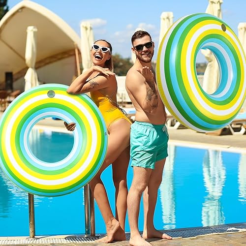 Miniatura 7 de ShinyRelief Flotadores inflables gigantes de 50 pulgadas con forma de dona de rayas verdes, flotadores de piscina tamaño adulto juguetes para