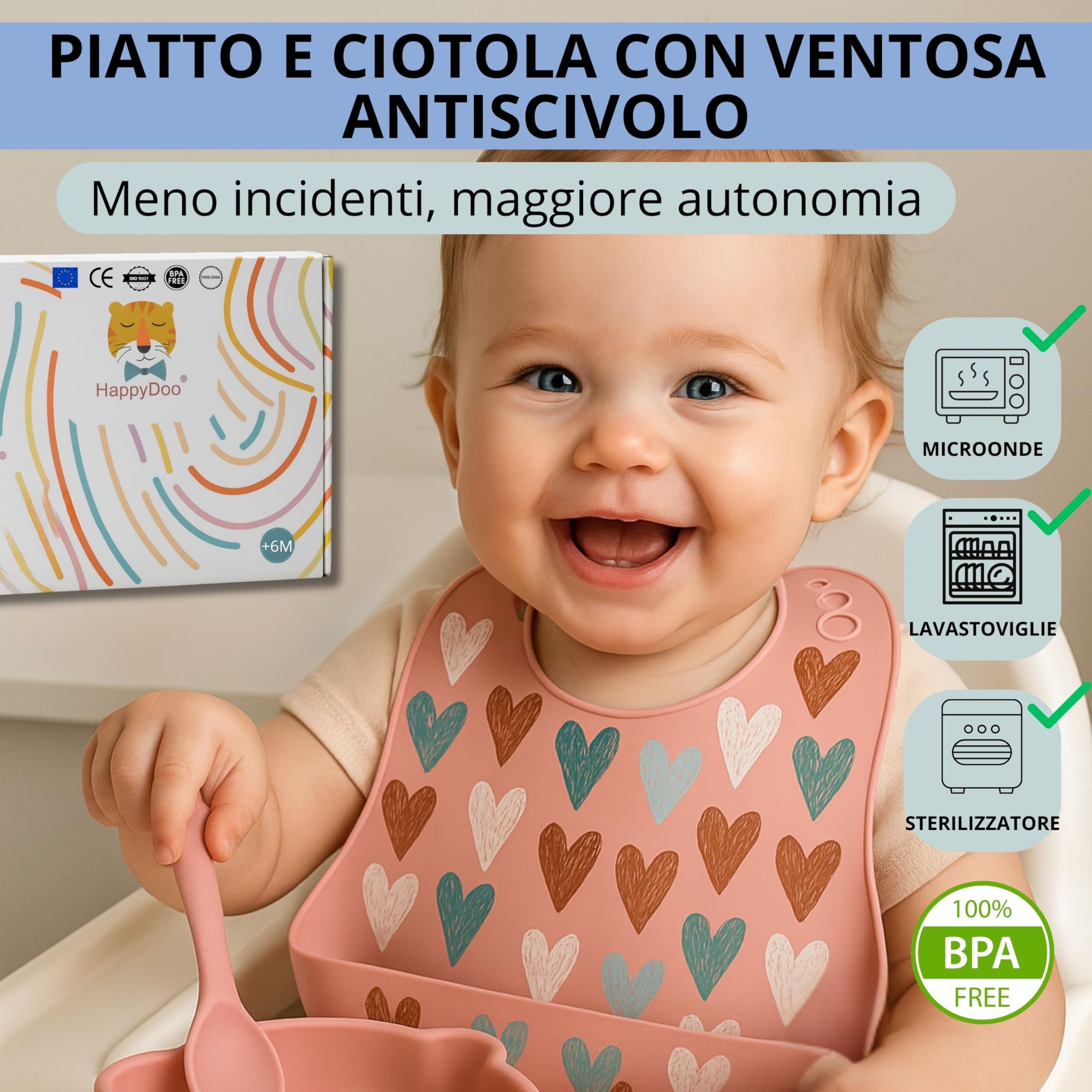 HappyDoo | Set Pappa Svezzamento | 12 Pezzi | Piatto Svezzamento con Ventosa | Citola | Bavaglini | Posate per Bambini | Bicchiere |Regalo Ciuccio Frutta |Set Pappa senza BPA | In Confezione Regalo