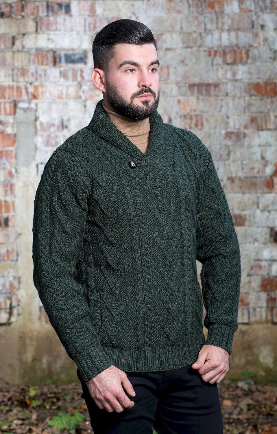 100% Merino Wool Men's Shawl Collar Single Button Irish Cable Knit Sweater Knitwear with Pockets - Image 8