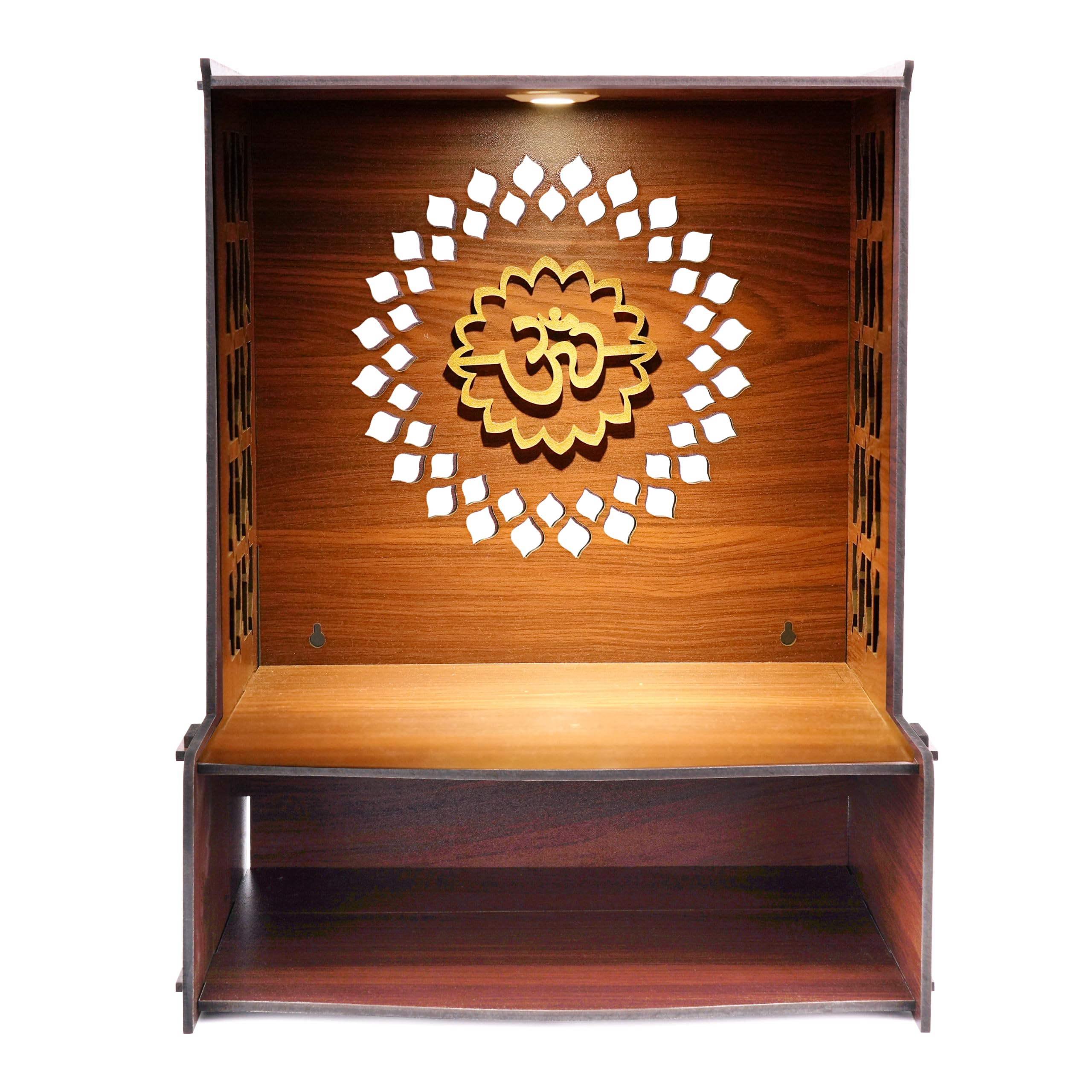 Wooden Wall Mount Temple for Home with LED Spot Light | Pooja Mandir Stand for Home | Puja Mandir with Lock System & Hanging Hole | Decorative Temple for Home & Office/Shop (Om Swastik)-image-25
