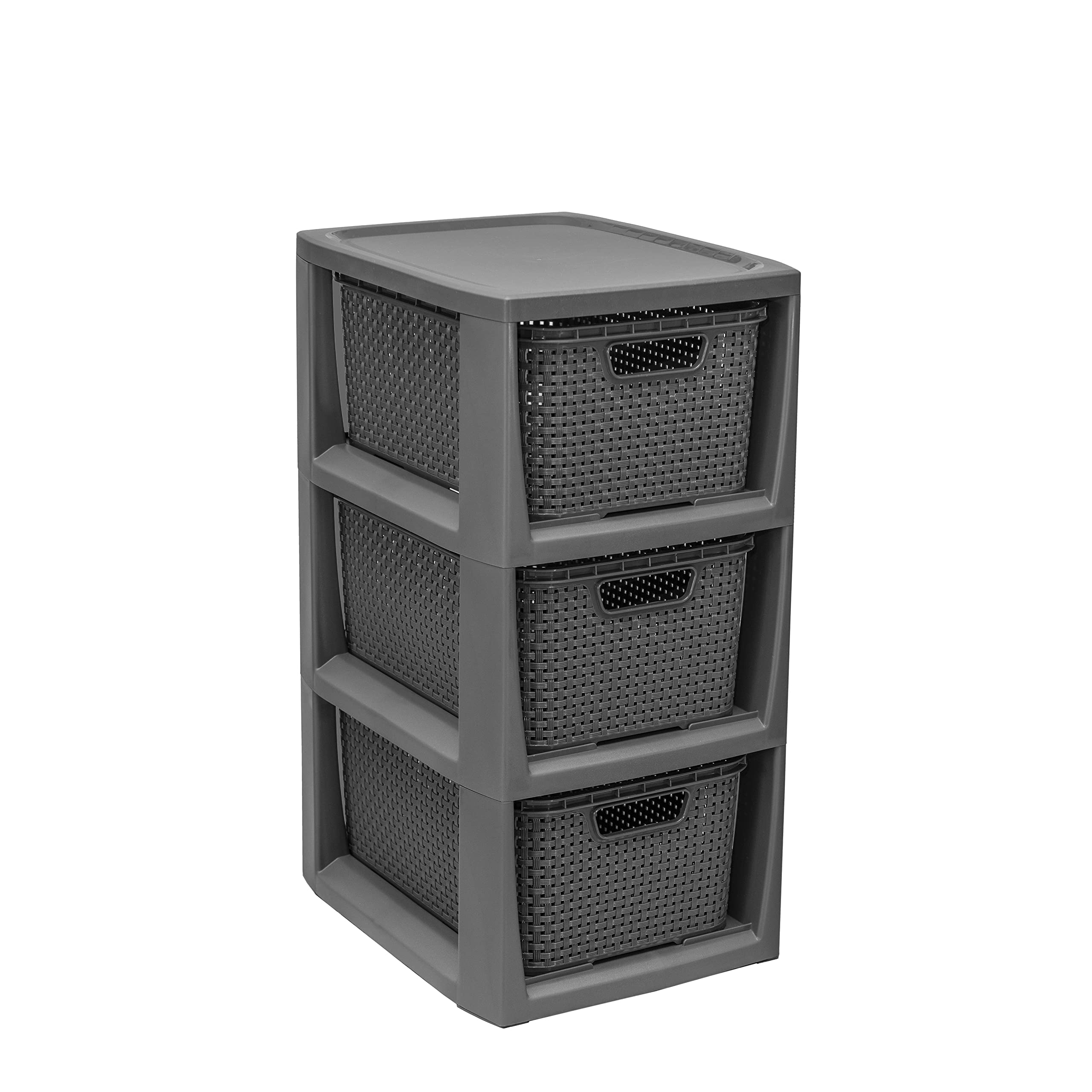 BranQ - Home essential 100% recycled polypropylene plastic, ecological, shelf in rattan design, 29.5 x 24 x 48.7 cm, 3 baskets, eco anthracite