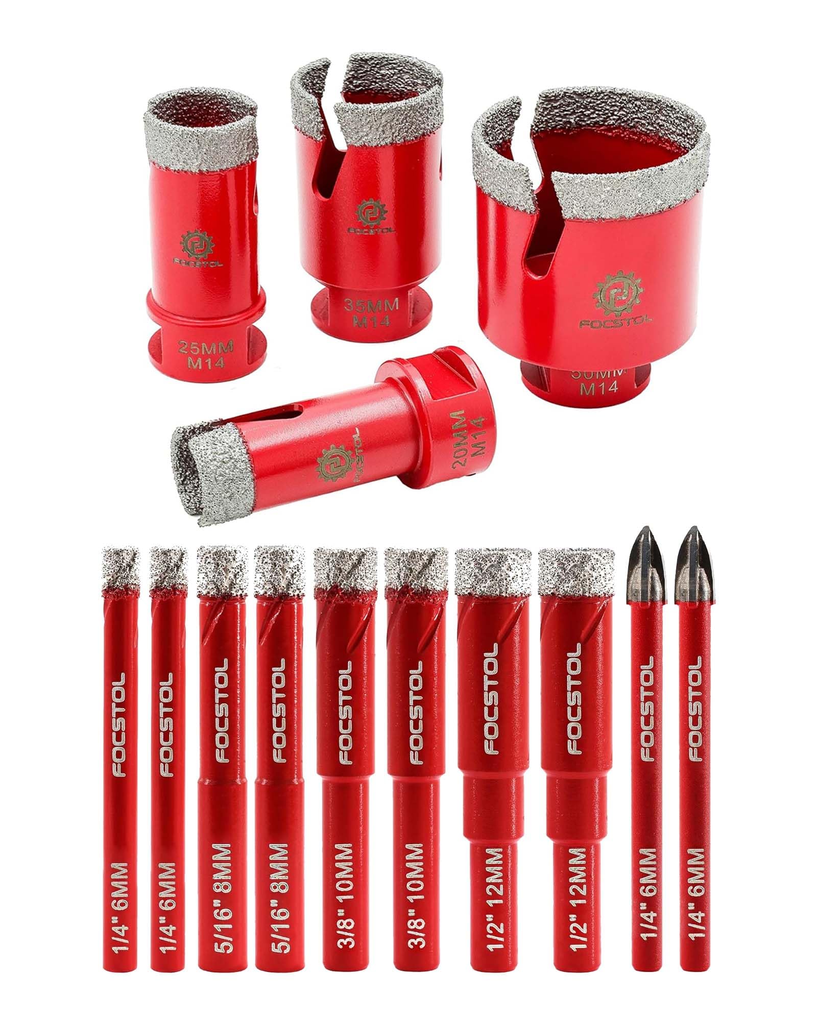 FOCSTOL Juego Brocas Diamante Seco 10 piezas (6mm*2+8mm*2+10mm*2+12mm*2+6mm*2) y Broca Diamante Porcelanico 4 piezas (20/25/35/50mm)