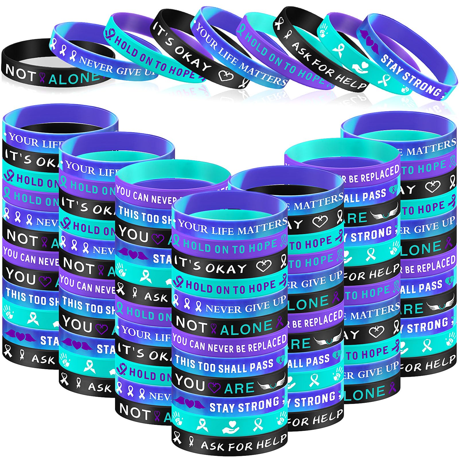 Landical 500 Pcs Suicide Prevention Awareness Silicone Bracelets Purple Teal Ribbon Inspirational Rubber Wristbands Colored Silicone Bracelets Suicide Prevention Awareness Party Favor