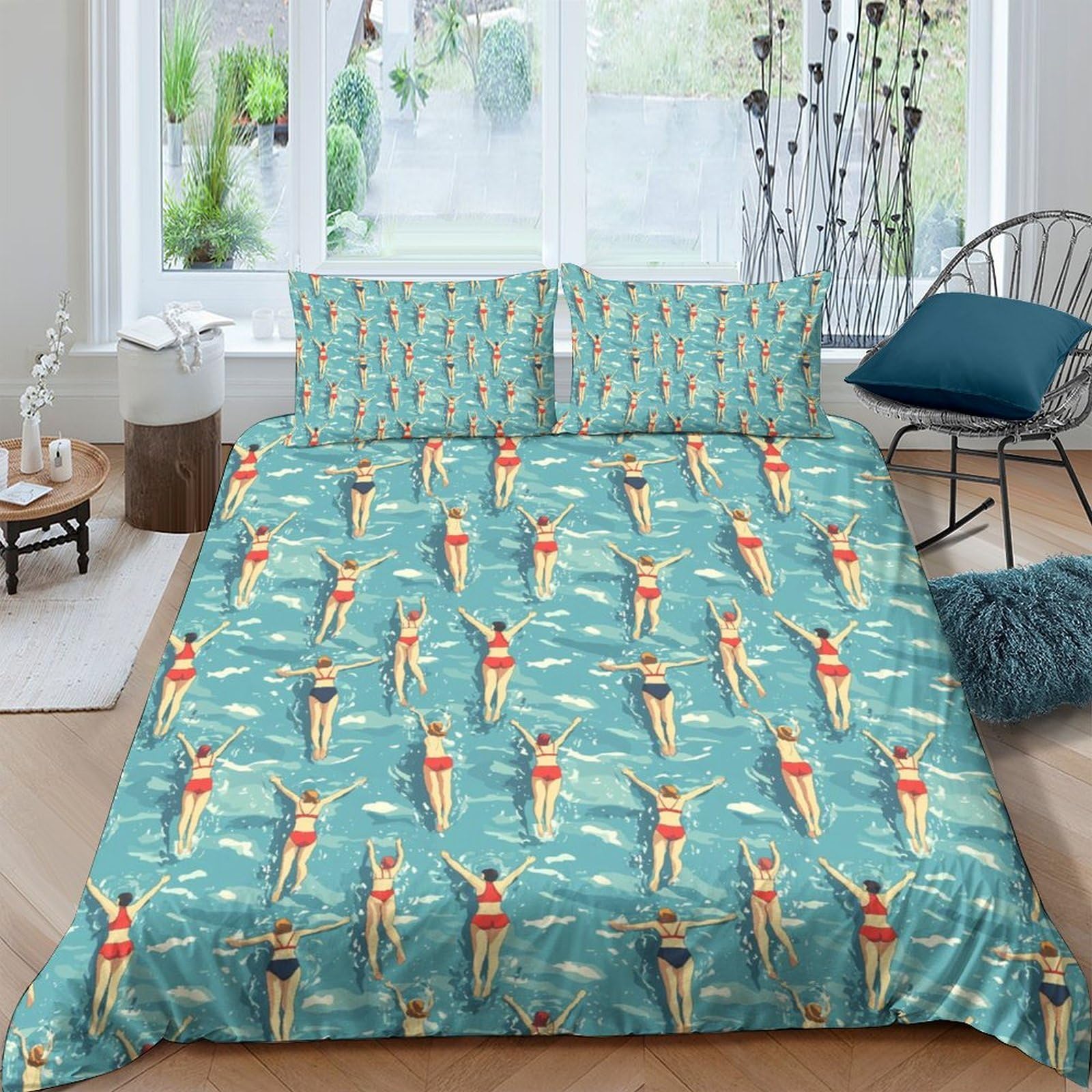 TUFRTGYHN 3D Printed Swimming Woman Duvet Cover Microfiber Soft Breathable Retro Pool Bedding Set with 2 Pillowcases for Bedroom Decor Single（135x200cm）