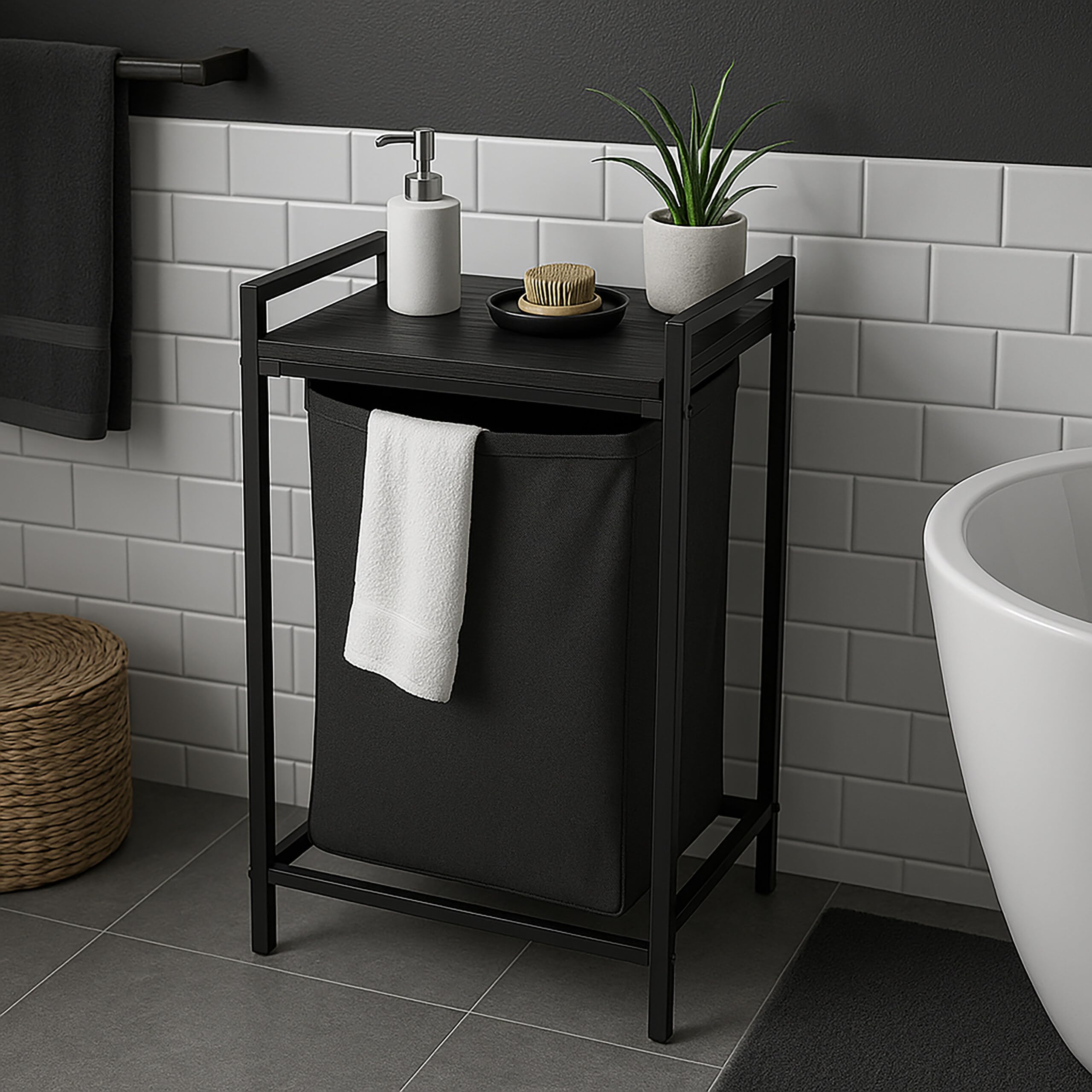 Relaxdays Cesto portátil de Ropa con Estante y Bolsa extraíble, 72x50x33 cm, Capacidad 65 l, Negro