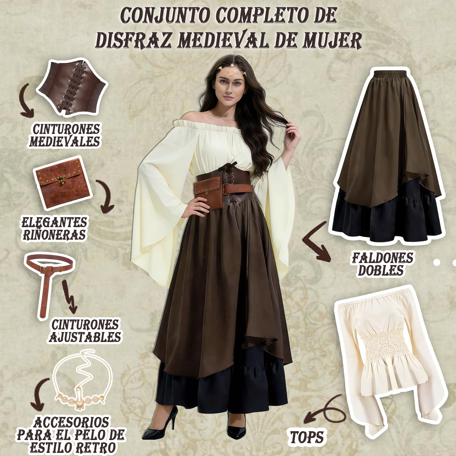 Disfraz Medieval Mujer, Vestido Medieval Mujer Conjunto de Disfraz Vikinga Adult con Corsé, Riñonera y Cinturón, Traje Victoriano para Carnaval Halloween