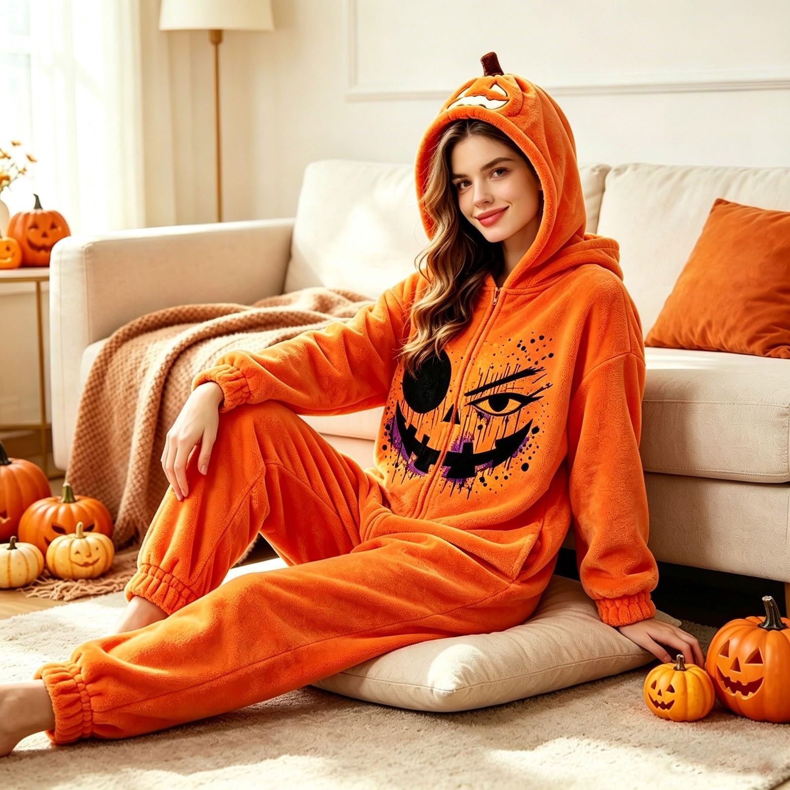 Pigiama intero da donna e uomo, unisex, per Halloween, a forma di zucca, in pile, divertente, per dormire, per carnevale