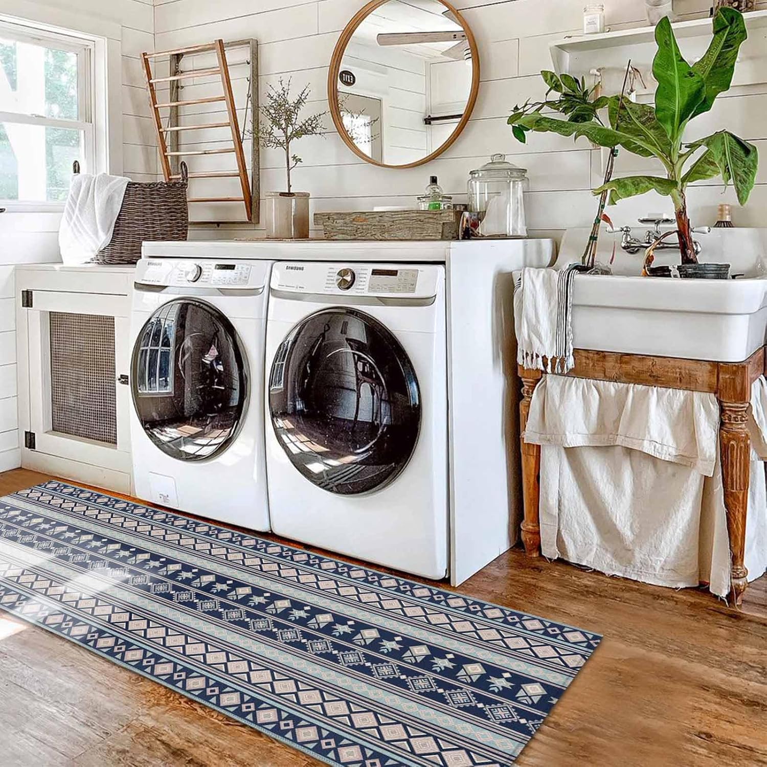 Kitchen Mats for Floor Blue Stripes Vintage Boho Washable Non Slip Kitchen Rugs 2PCS, Abstract Geometric Seamless Absorbent Standing Mats for Sink Bathroom Office Living Room 15.7x23.6in+15.7x47.2in
