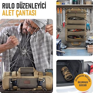 HAEGS Tool Bag, Heavy Duty Canvas Roll Tool Bag, Foldable Tool Organizer Handbag, Mechanic Carpenter Technician Hobbyist Tool Bag, Tool Tool Tool Set Key Organizer Bag Khaki