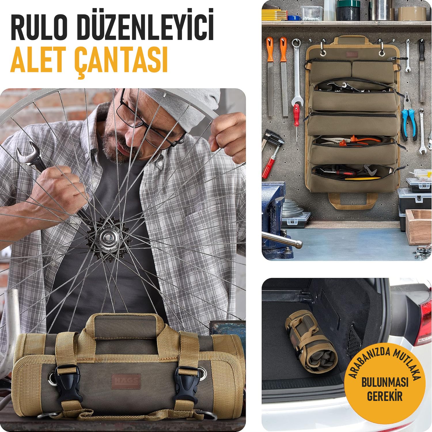 HAEGS Alet Çantası, Ağır Hizmet Tipi Kanvas Rulo Takım Çantası, Katlanabilir Alet Organizer El Çantası, Tamirci Marangoz Teknisyen Hobici Takım Çantası, Alet Takım Anahtar Düzenleyici Çanta Haki