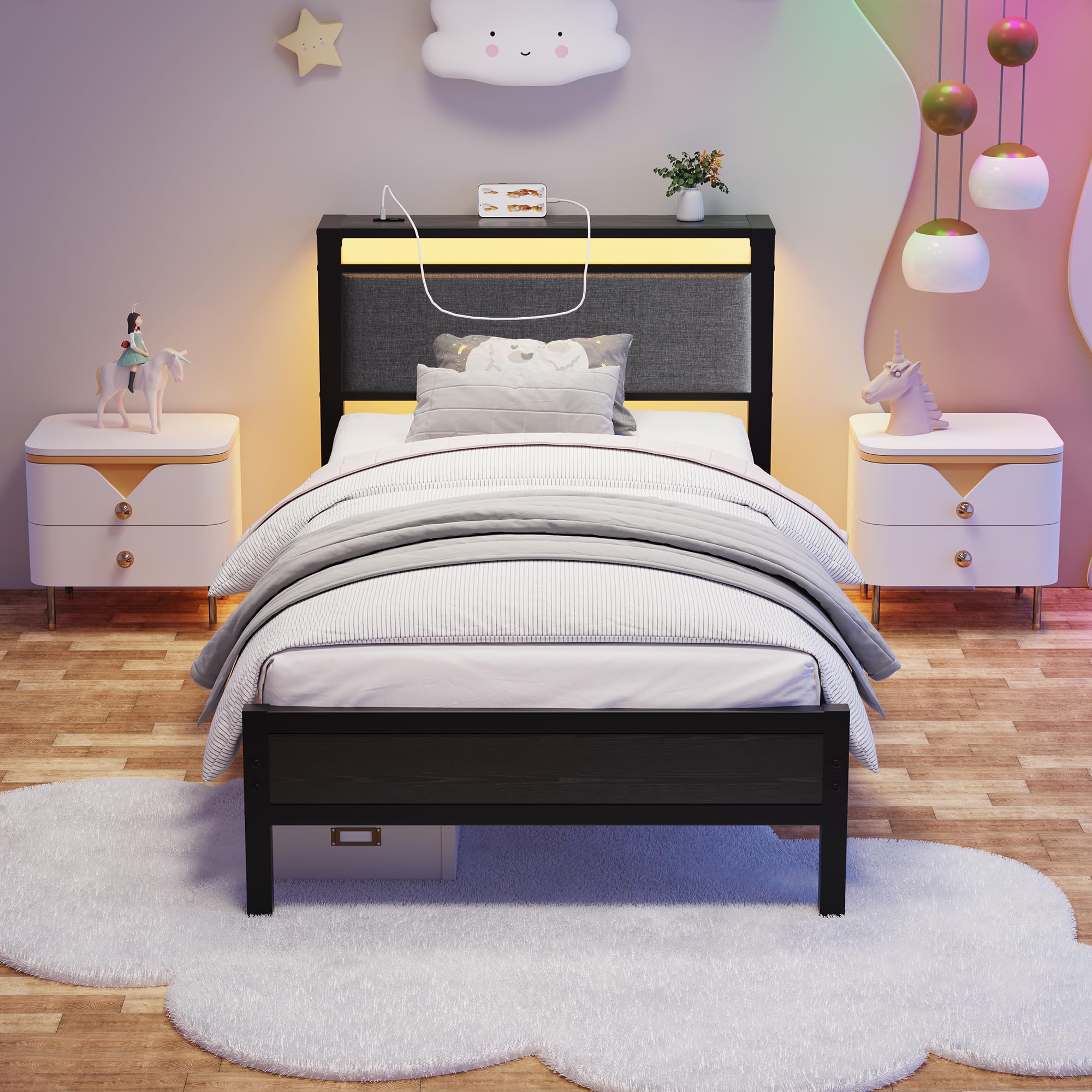 FOUBAM 3FT Single Bed Frame, Upholstered Bed Frame with Storage Headboard, Heavy Duty Metal Bed Single with LED Lights and Charging Station,Metal Platform Mattress Foundation 90x190cm,Black