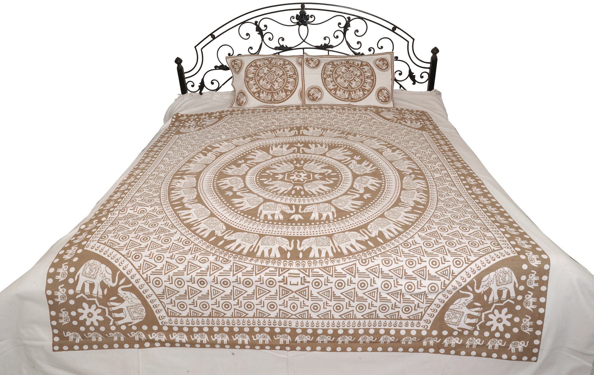 Exotic India White Bedsheet from Pilkhuwa with Printed Chakravhuh of Elephants - Pure Cotton with Pi - Color Amphora Color-image-6