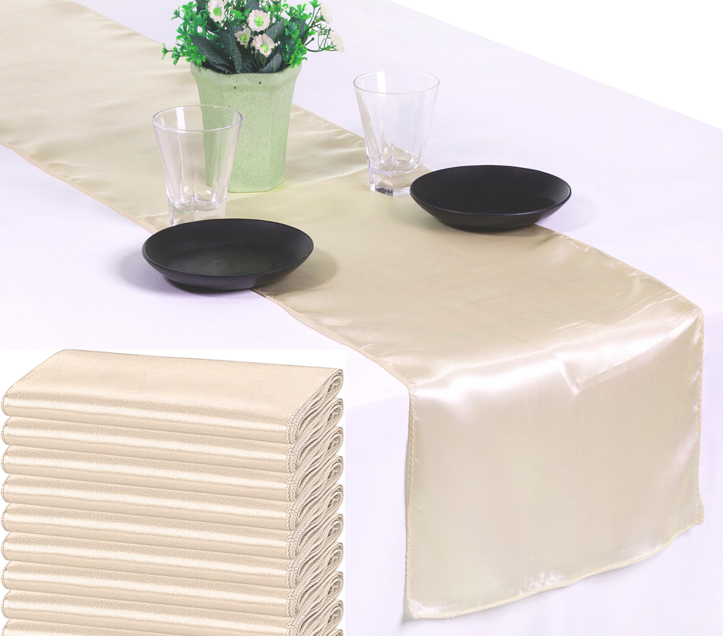 VDS Pack of 25 Satin Table Runners for Wedding & Party Décor 12” x 108”, Smooth Glossy Sateen Fabric Runner, Dining Table Decoration for Reception Banquet & Events Hotel Restaurant - Cream — image 1
