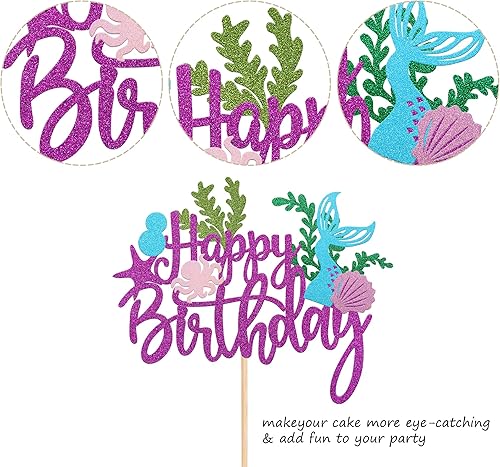 Miniatura 3 de 1 pieza de decoración de pastel de sirena de feliz cumpleaños, algas marinas, conchas marinas, pulpo, estrella de mar, cola de sirena, palillo para