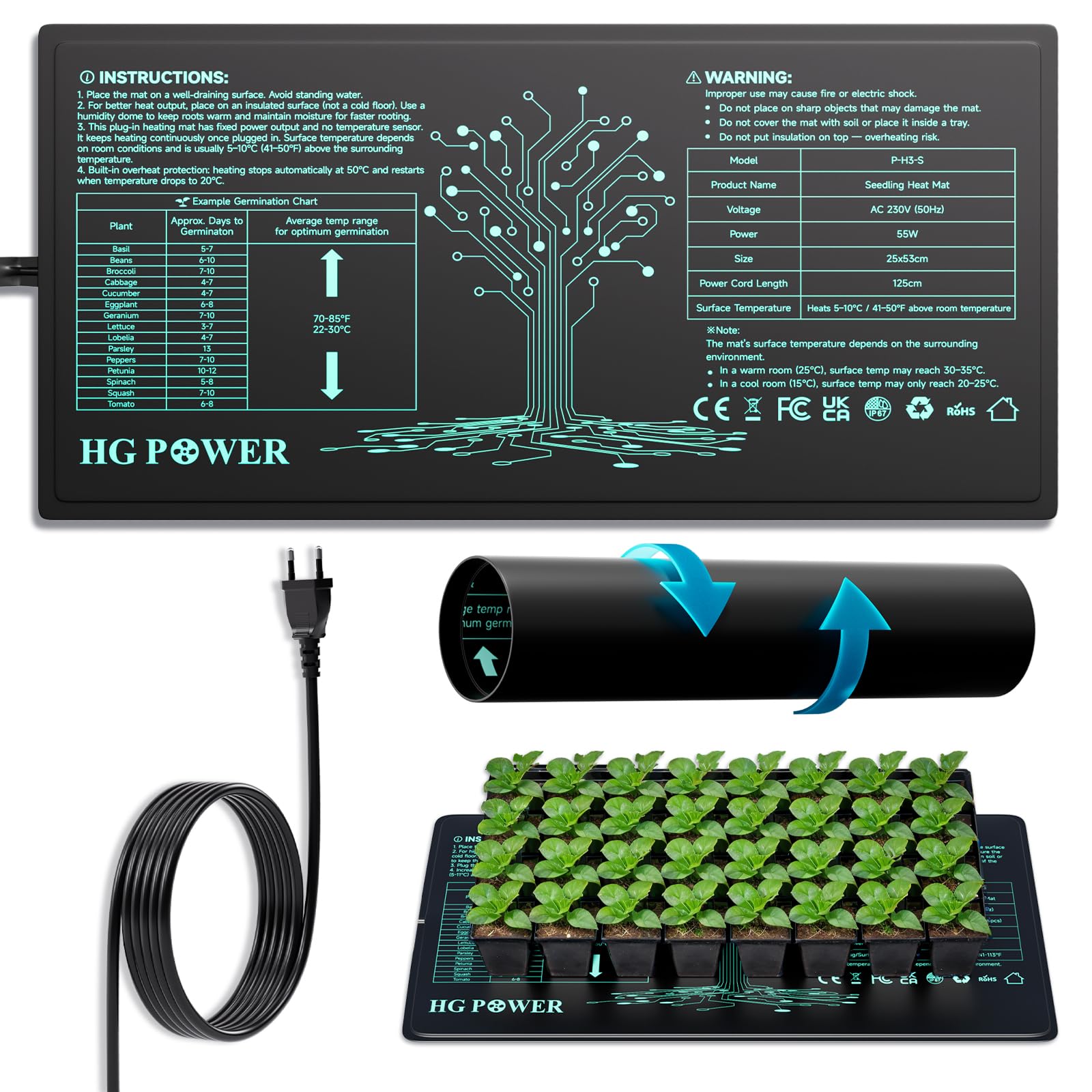 HG Power Heizmatte Pflanzen, 55w Wärmematte für Zimmergewächshaus, Growzelt, Terrarium, mit Überhitzungsschutz, Anzuchtkasten – Opt. G 1 Mat (ohne Regler)