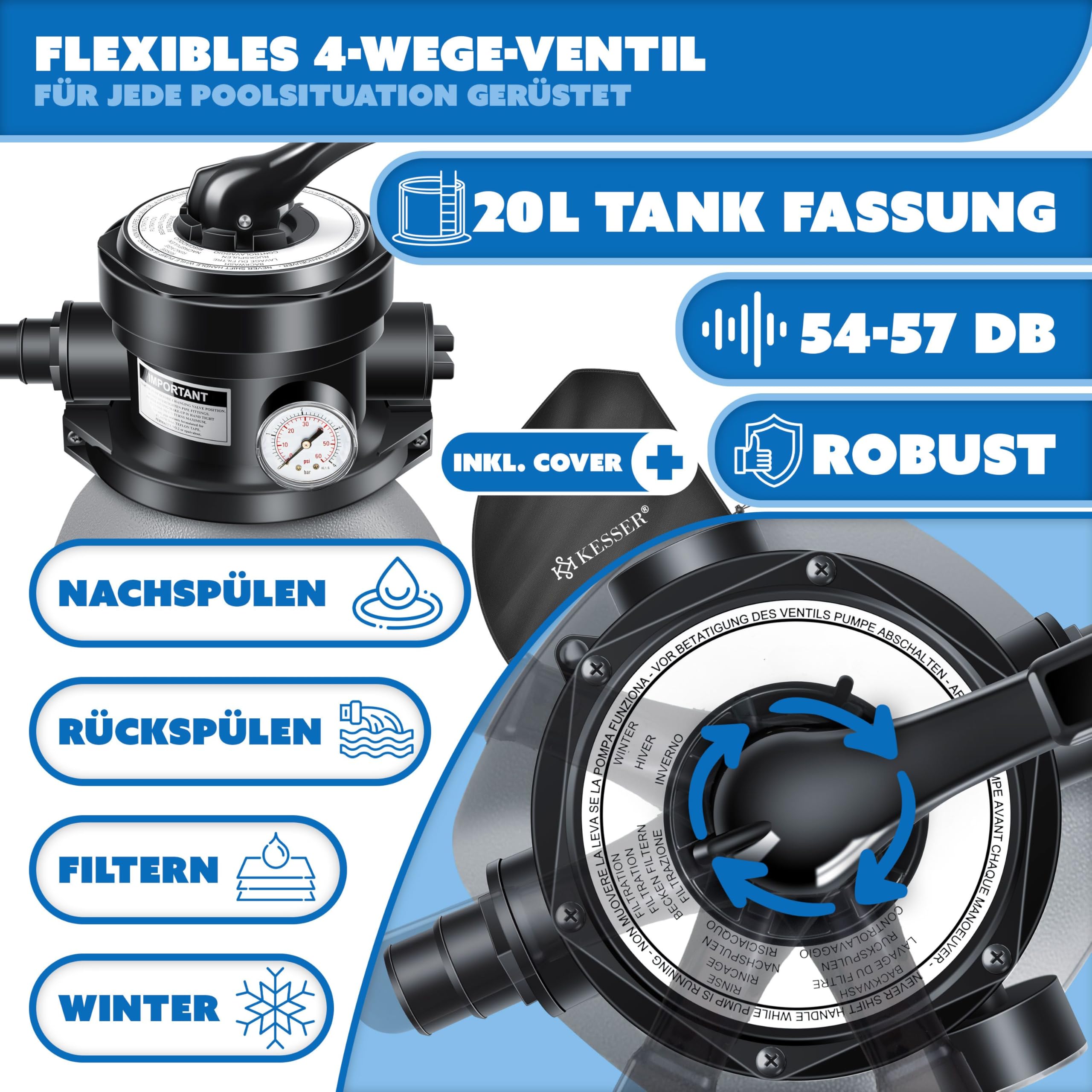 KESSER® Filtre à sable | Filtration à sable | Balles filtrantes de 700 g, remplacent 25 kg de sable filtrant | Filtre de piscine 10 mġ/h | Système de filtration | Réservoir filtrant pour piscine, Gris