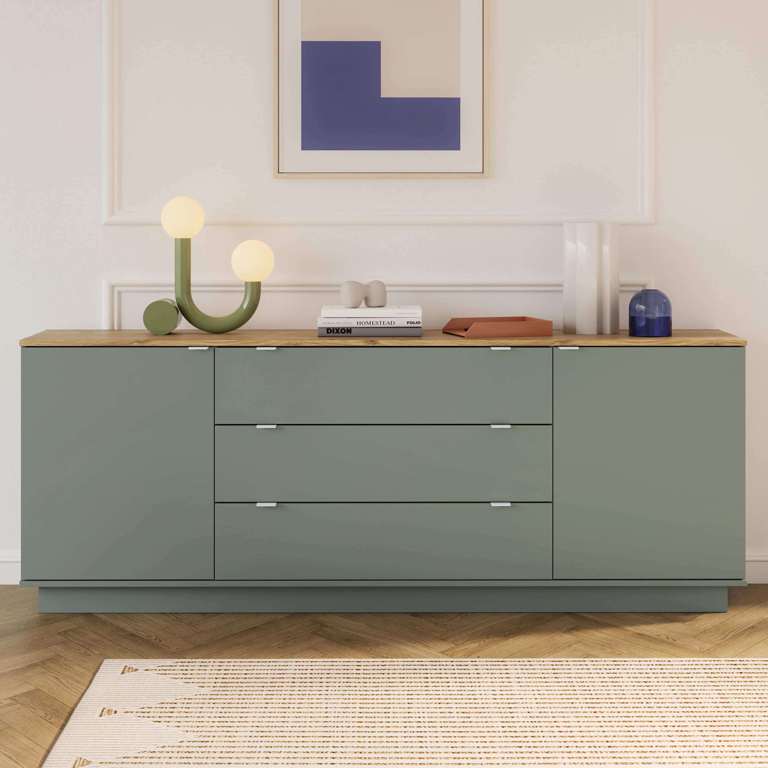 Forte Ganymede Sideboard 230, minimalistisches Sideboard, 2-türig, 3 Schubladen, Holzwerkstoff, Wohn-/Schlafzimmer, Salbei, 224,5 cm breit x 85,7 cm hoch x 41,3 cm tief Küche, Haushalt & Wohnen