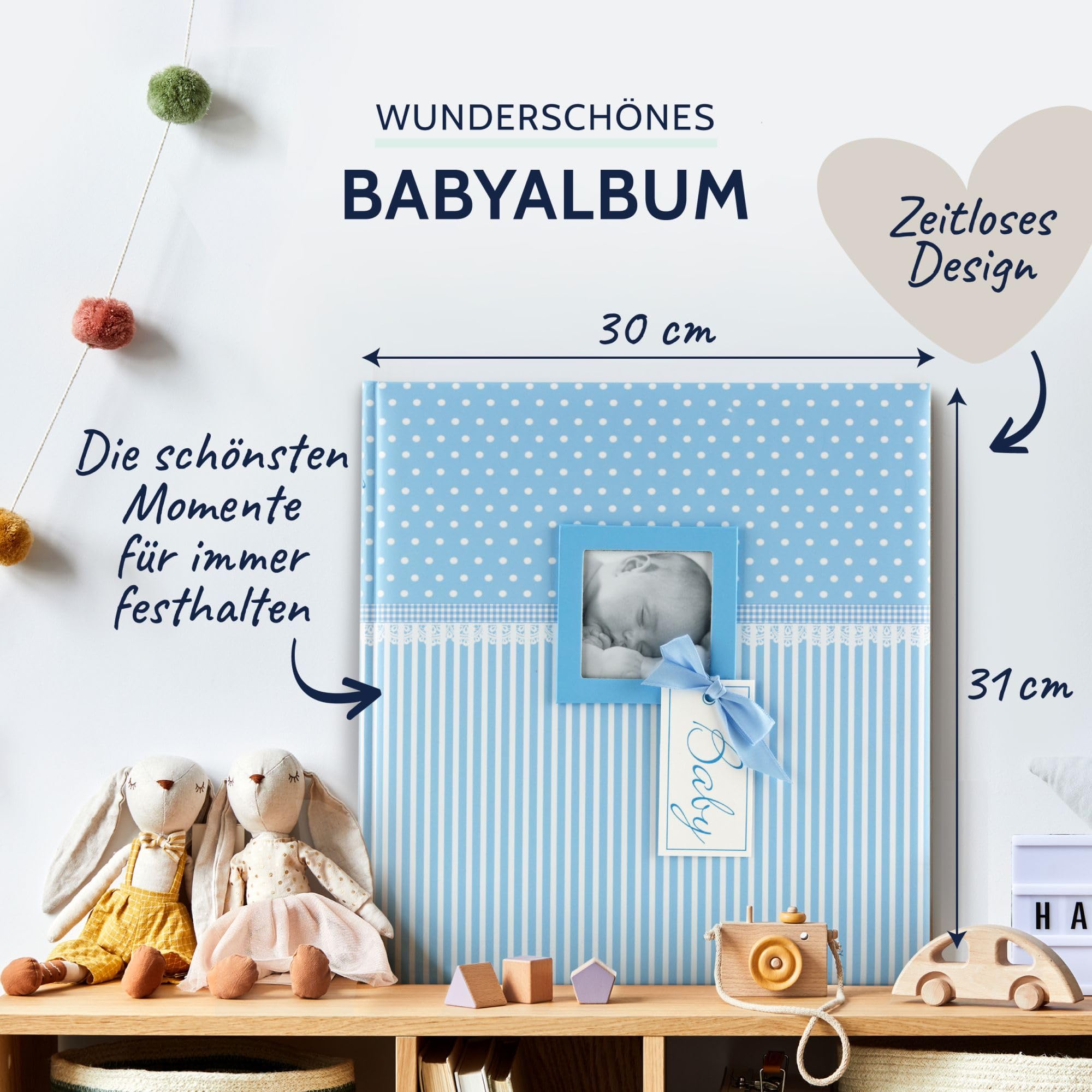 goldbuch 15802 Babyalbum mit Fensterausschnitt, Fotoalbum mit 58 weißen Blankoseiten und 4 illustrierten Seiten, Pergamin-Trennblätter, Kunstdruck, Papier, Sweetheart Blau, 30x31 cm