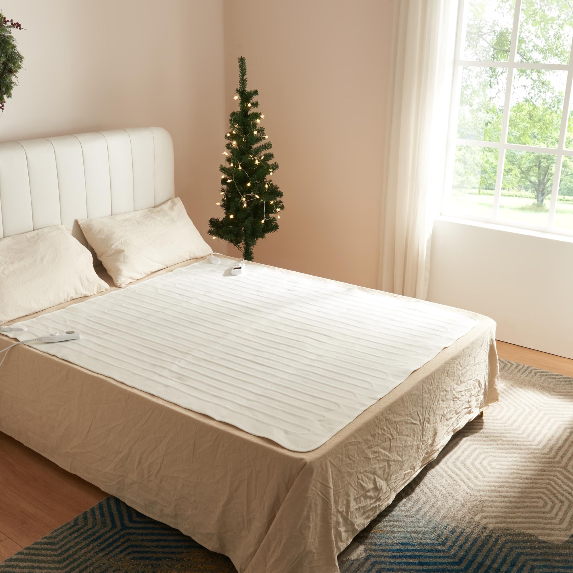 Couverture Chauffante Électrique pour 2 Personnes avec 2 Télécommandes Amovibles 3 Niveaux de Température Protection Anti Sur-Chauffe Polyester 160 x 140 cm Blanc