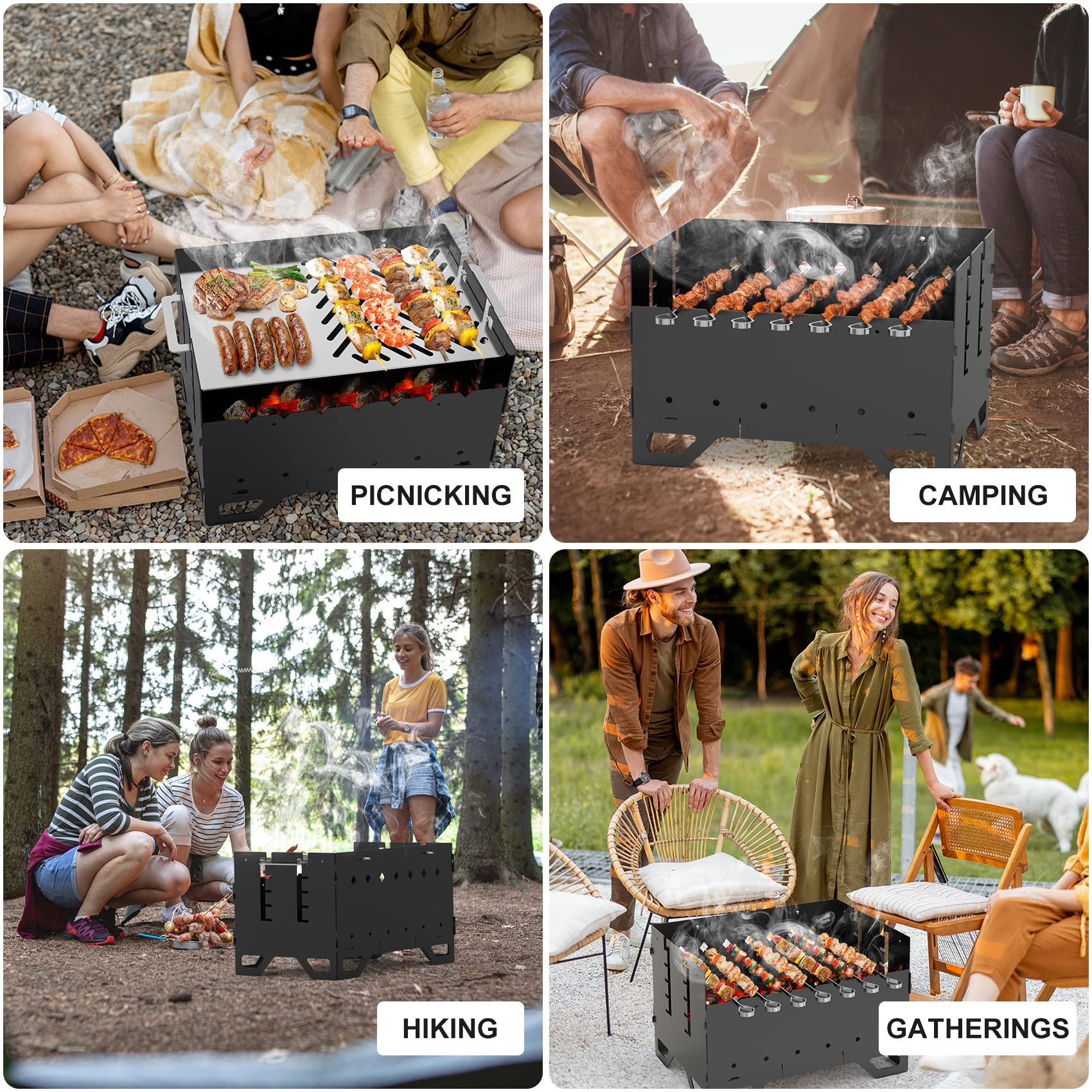 Onlyfire Mobiler Mangal Kohlegrill | Schaschlik Grill mit Plancha Grillplatte & 7 Spieße, 2 in 1 Tragbarer BBQ Holzkohlegrill - Ideal für Schaschlik, Kebab und Gemüse, 53 x 34 x30 cm