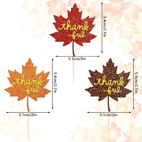 Miniatura 2 de Whaline 36 piezas con purpurina para cupcakes de otoño con hojas de arce y agradecimiento, hojas de otoño, palillos de alimentos con palos, punto de