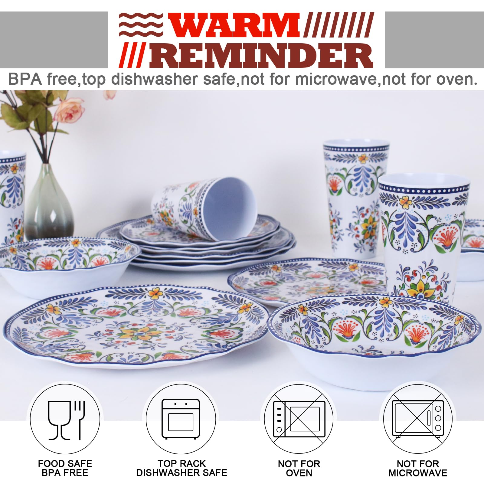 Juego de vajilla de melamina para 4-16 piezas: juego de platos de camping con platos llanos, platos de ensalada, tazas y cuencos. Ligero e irrompible, uso en interiores y exteriores, flor28
