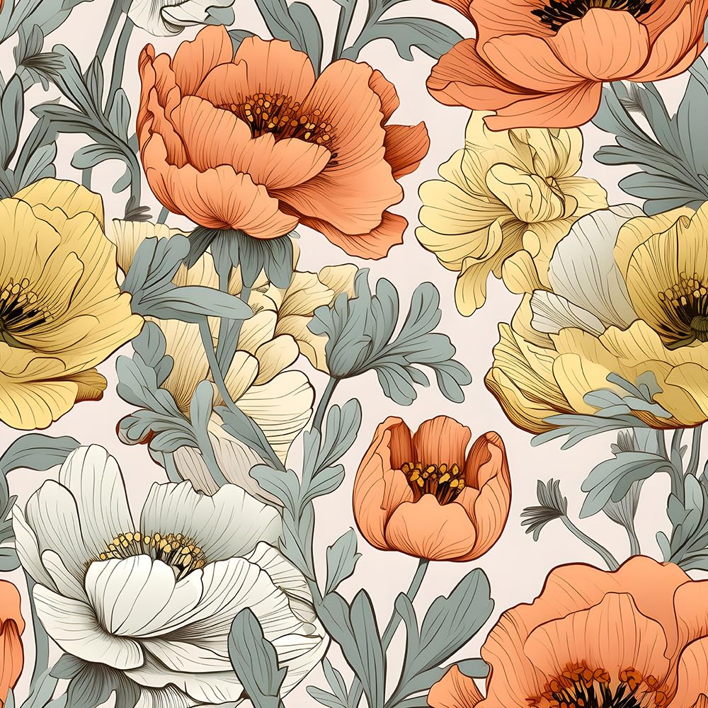 Redamancy Orange, Yellow Boho Orange Yellow Wildflower Garden Modern Hand-Drawn Peel And Stick Wallpaper Vintage Wall Paper Stick On Contact Paper Easy Peel Off For Nightstand Drawer Renter Friendly 17.7"X236"