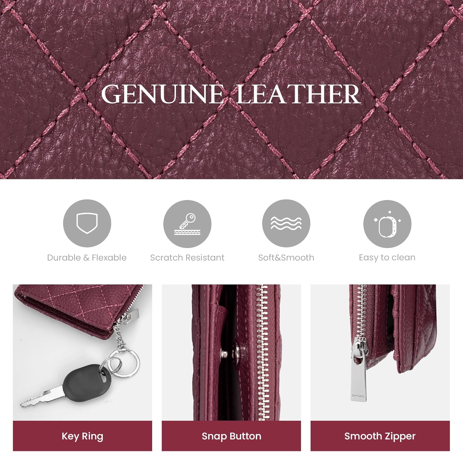 befen Real Leather Small RFID Blocking Wallet for Women with Credit Card Holder Zipper Coin Pocket Key Chain Wallets - Burgundy Red - Image 5