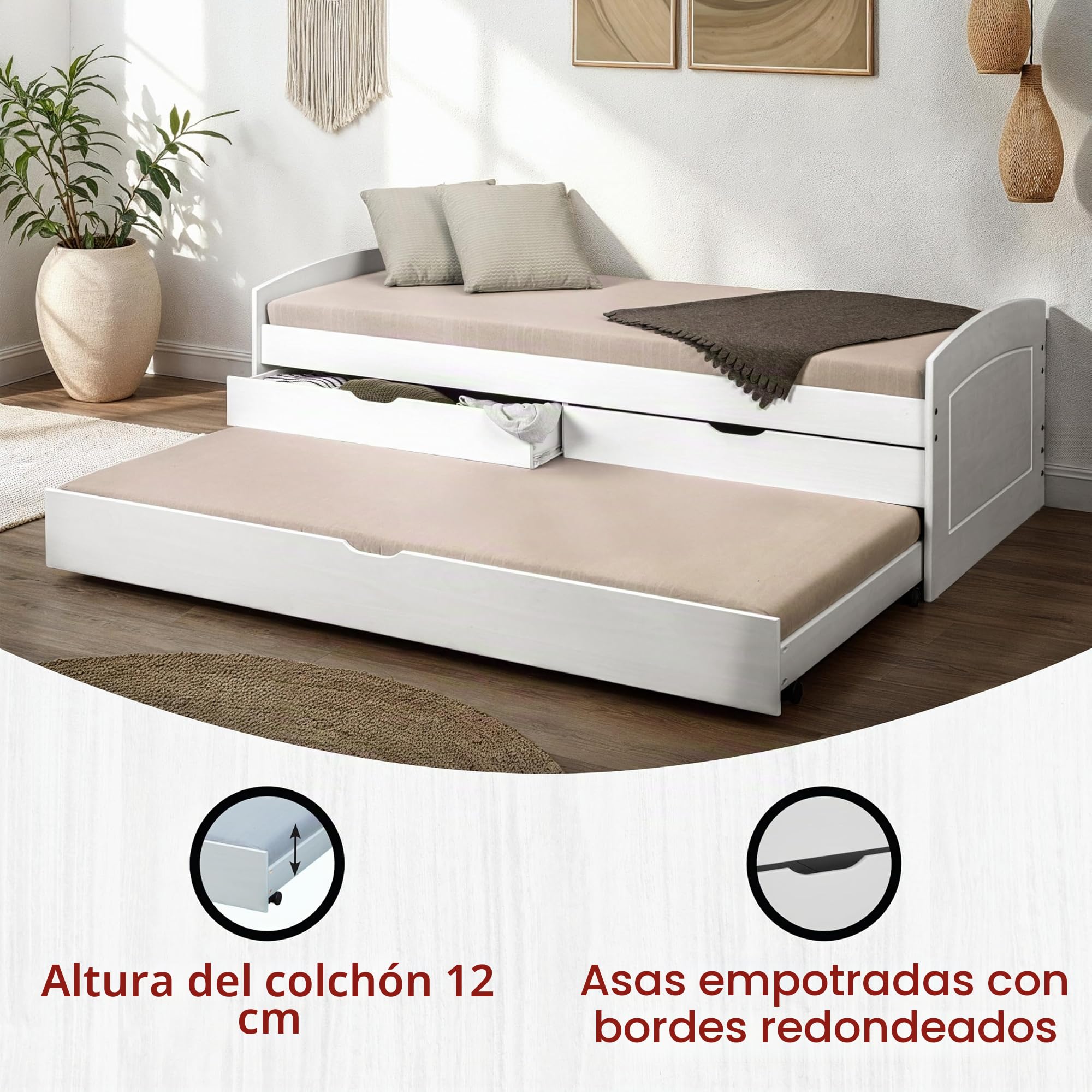 Inter Link - Cama Funcional 90x200 - con Espacio de Almacenamiento - Cuna - Cama Juvenil - Cama con cajones - Cama de Madera Maciza - 2 cajones - 1 cajón Blanco - Madera Maciza - Ried