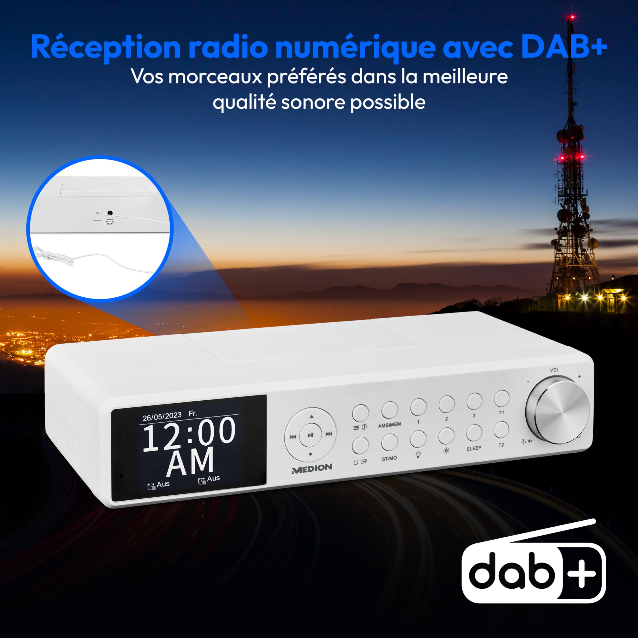 MEDION P66750 Radio de cuisine encastrable (radio de cuisine DAB+, radio FM PLL, écran couleur TFT à intensité variable, minuterie de cuisson, Bluetooth, barre LED, matériel de montage inclus), blanch
