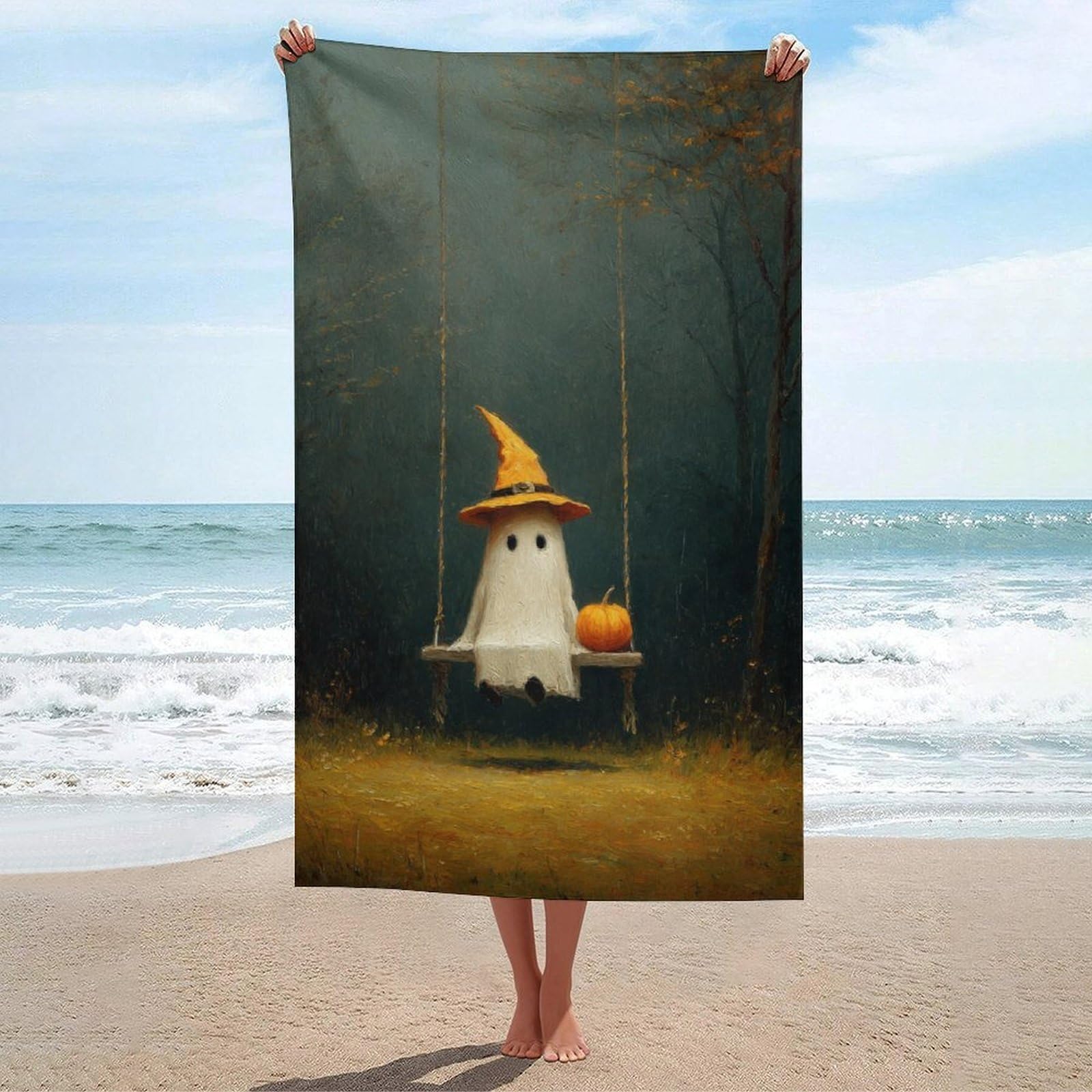 LSRCPD Cute Ghost Pumpkin on A Swing Beach Towel Sand Free Microfiber Large Shower Towels Multipurpose Absorbent for Bathroom Pool 130x80 CM