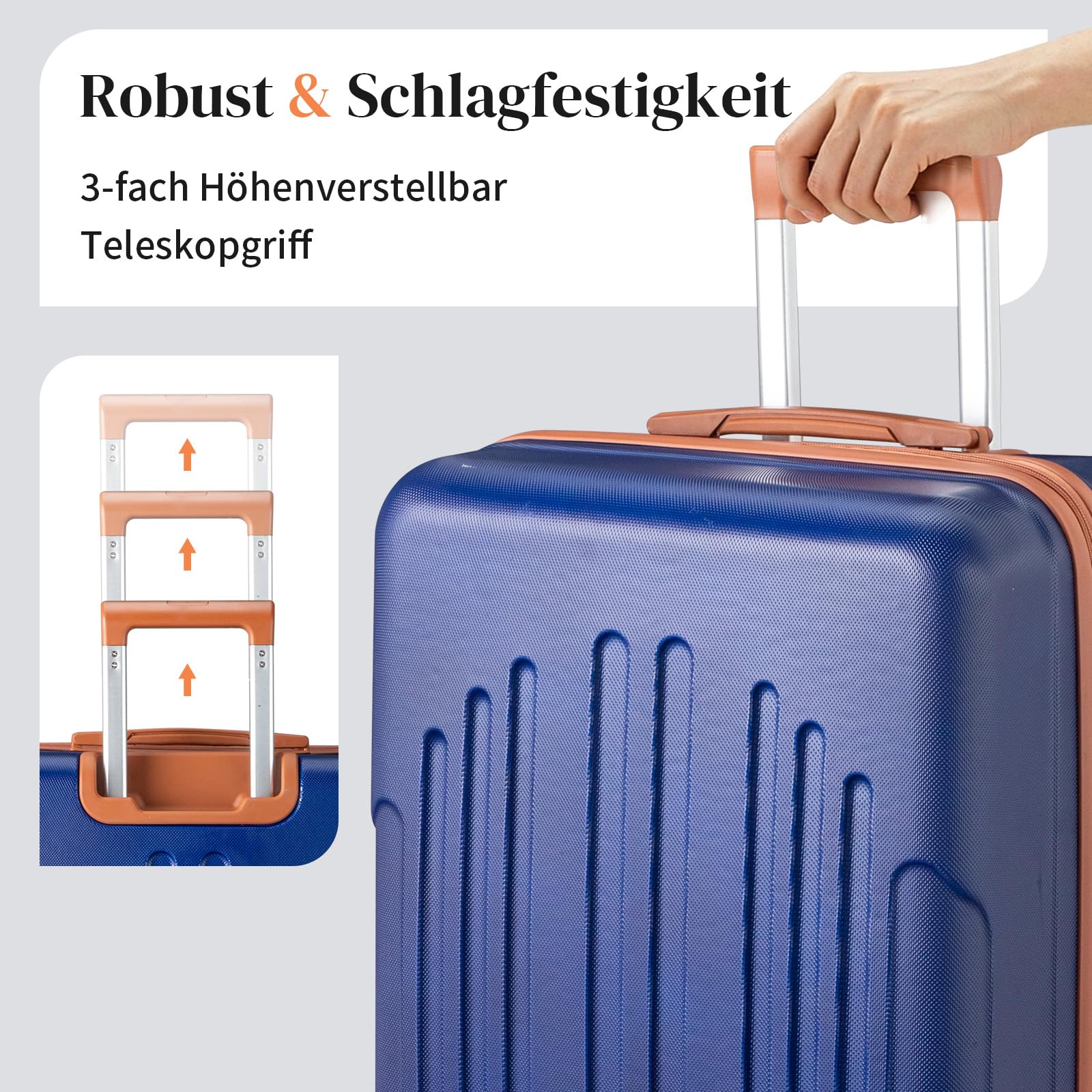 LEADZM Koffer Set 4 teilig Hartschale mit Kosmetikkoffer, Kofferset aus ABS, Reisekoffer mit Rollen Groß, Handgepäck, Hartschalenkoffer Set, Koffer & Trolleys (Navy-Braun)