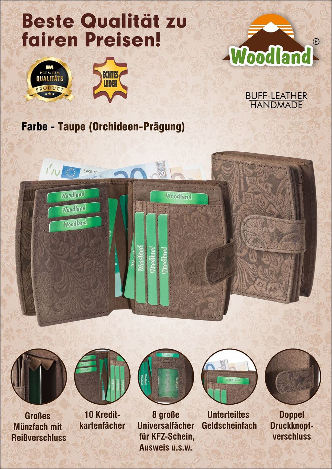 Woodland Monedero compacto de lujo de las mujeres con muchos bolsillos para tarjetas de crédito hechas de aficionados no tratados