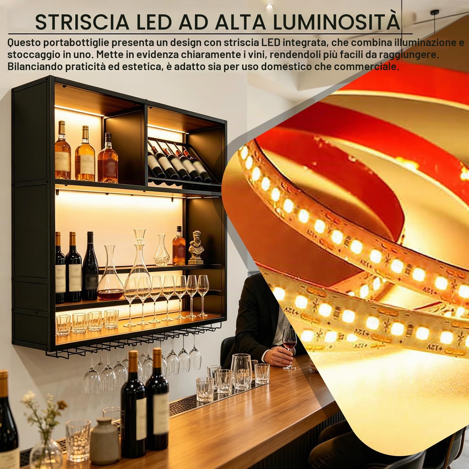 Portabottiglie da Vino a Parete con LED, Industriale 4 Livelli Scaffale Vino in Metallo e Legno con Portabicchieri, Grande Espositore Multifunzione Scaffale Portavino per Bar Ristorante (black, 100cm)