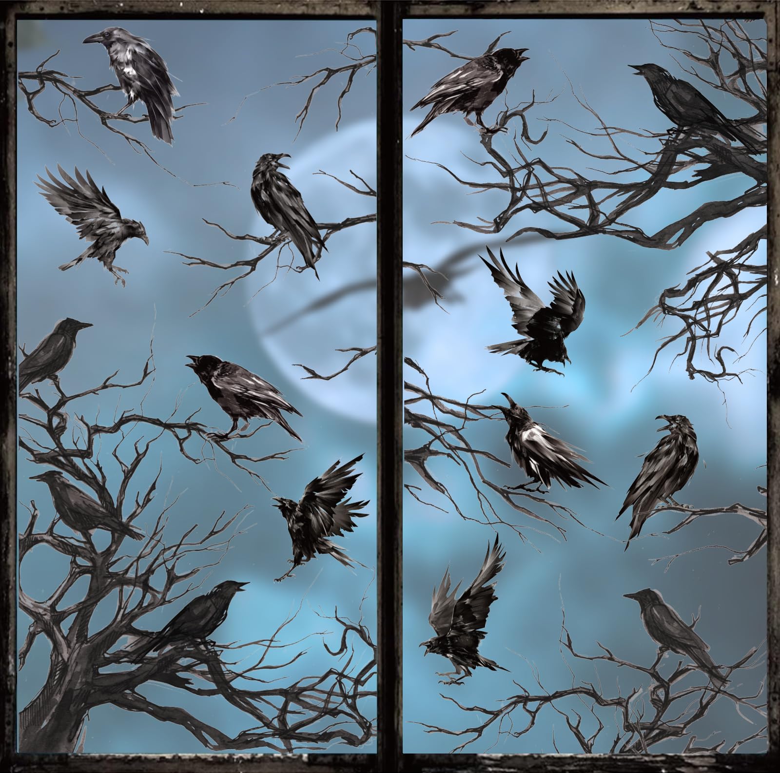 JarThenaAMCS Halloween Crow Window Cling Stickers Black Crow Birds Branches Gothic Double-Sided Reusable Window Decals for Party Home Office Classroom Decor, 4 Sheets