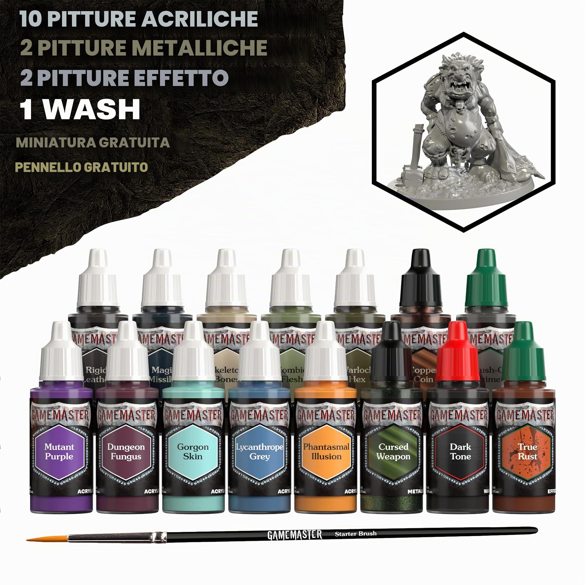 The Army Painter, GameMaster: Wandering Monsters Role-playing Paint Set, 15x18 ml Warpaints Fanatic Acrilici, 1 pennello GameMaster Basecoat, 1 miniatura Troll gratuita.
