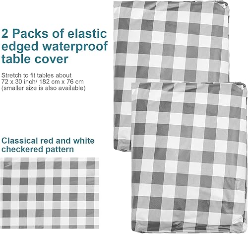 Miniatura 7 de 2 piezas de manteles de vinilo para mesas de 72 x 30 pulgadas, mantel de picnic a cuadros, mantel ajustable de franela con forro trasero estirado