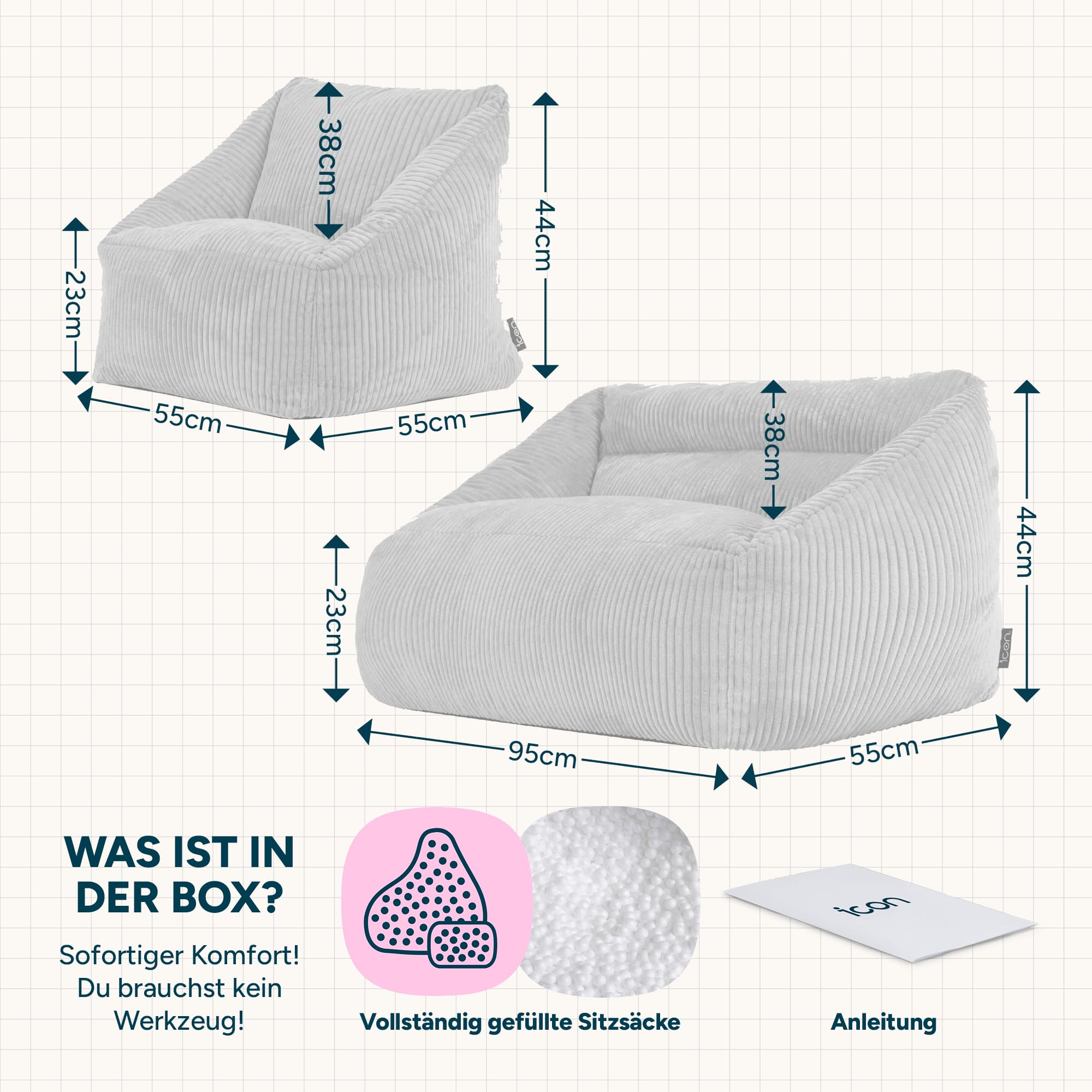 Icon Natalia Kinder Sofa mit Sitzsack, Beige, Flauschiger Cord Stoff, Sitzsack Cord mit Füllung, Bequemer Kinder Sessel, Kuschelsessel, Lese Sessel, Schlafzimmer, Kinderzimmer, Jugendzimmer