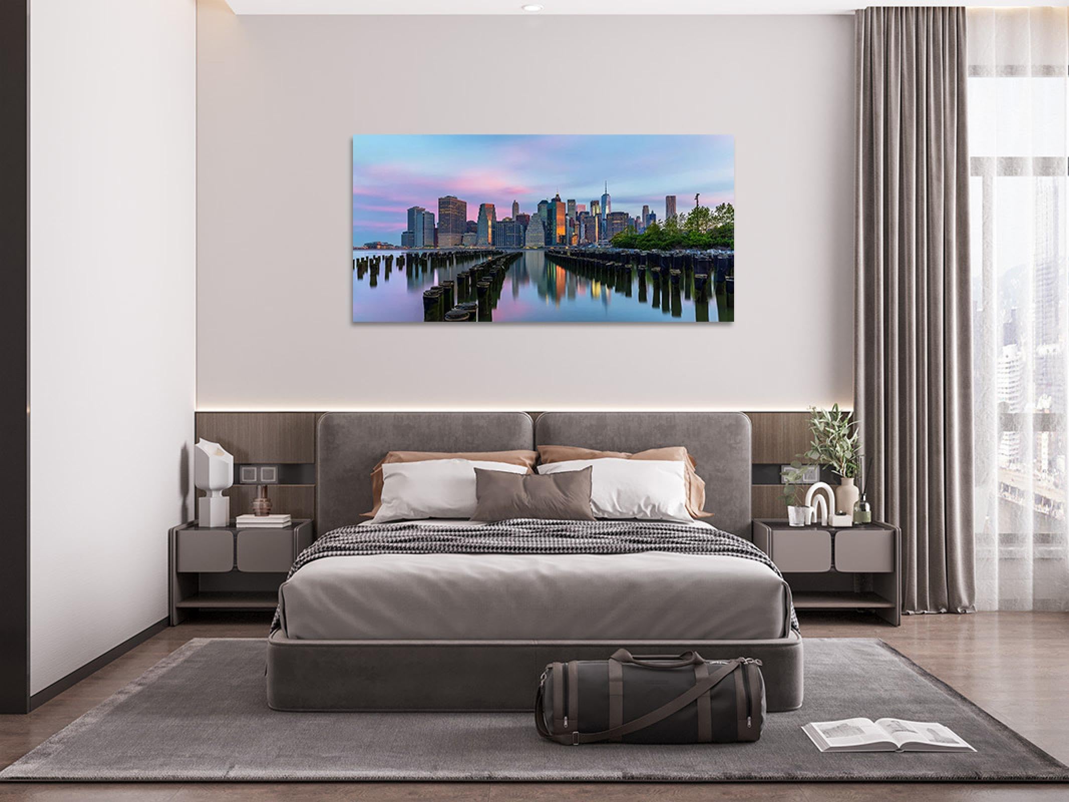 Stadtlandschaft Leinwandbild mit Rahmen Fertig zum Aufhängen-Landschaftsbilder auf Leinwand-Panorama Wandbilder Wohnzimmer-Stadt Gebäude See 30x60cm Umwickelte Leinwand