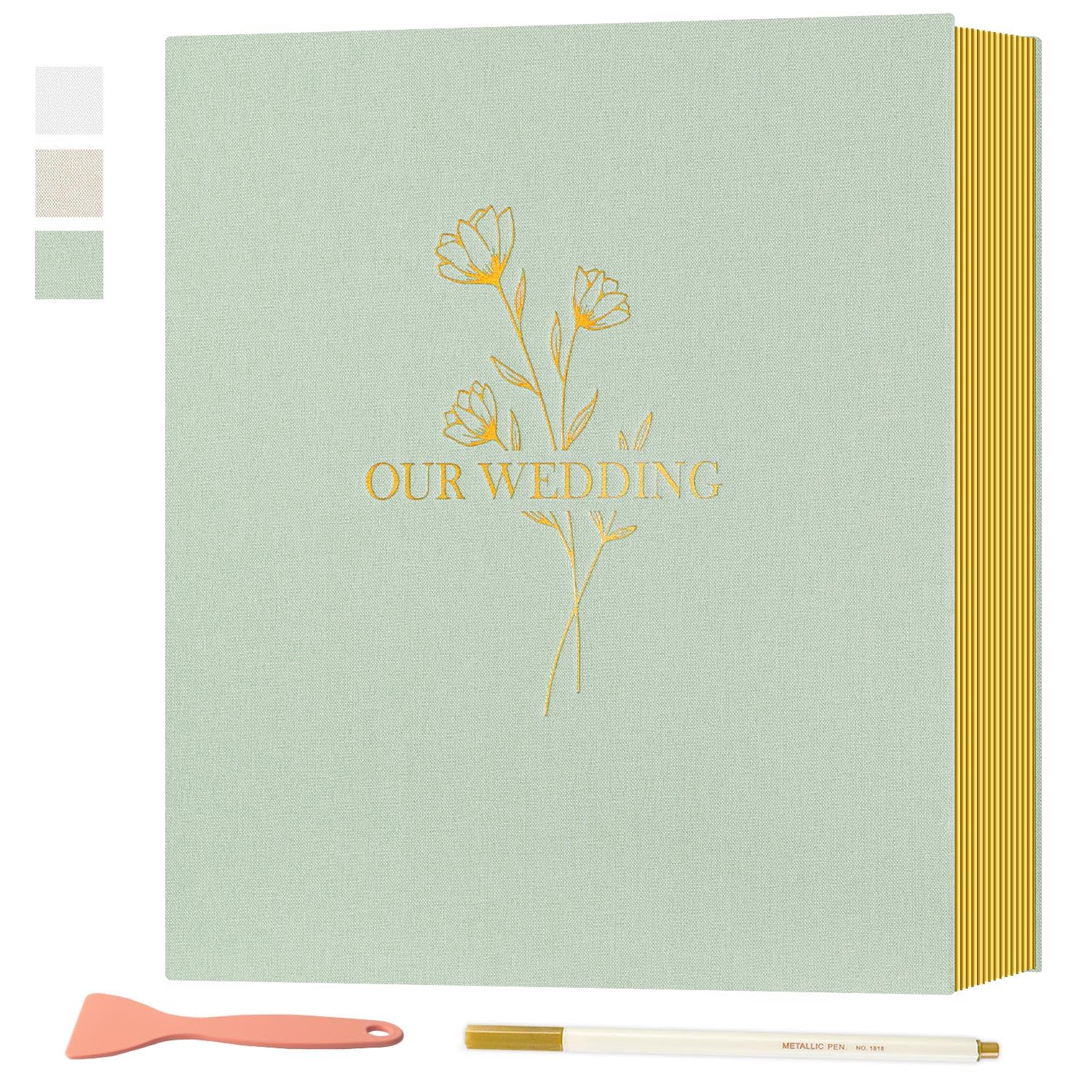 Lanpn Wedding Self Adhesive Photo Album Scrapbook 80 Pages, Linen Photos Albums DIY Sticky Magnetic Pages holds 6x4 7x5 A4 A5 Picture for Wedding (Large, 40 sheets, Sage Green) โ image 1