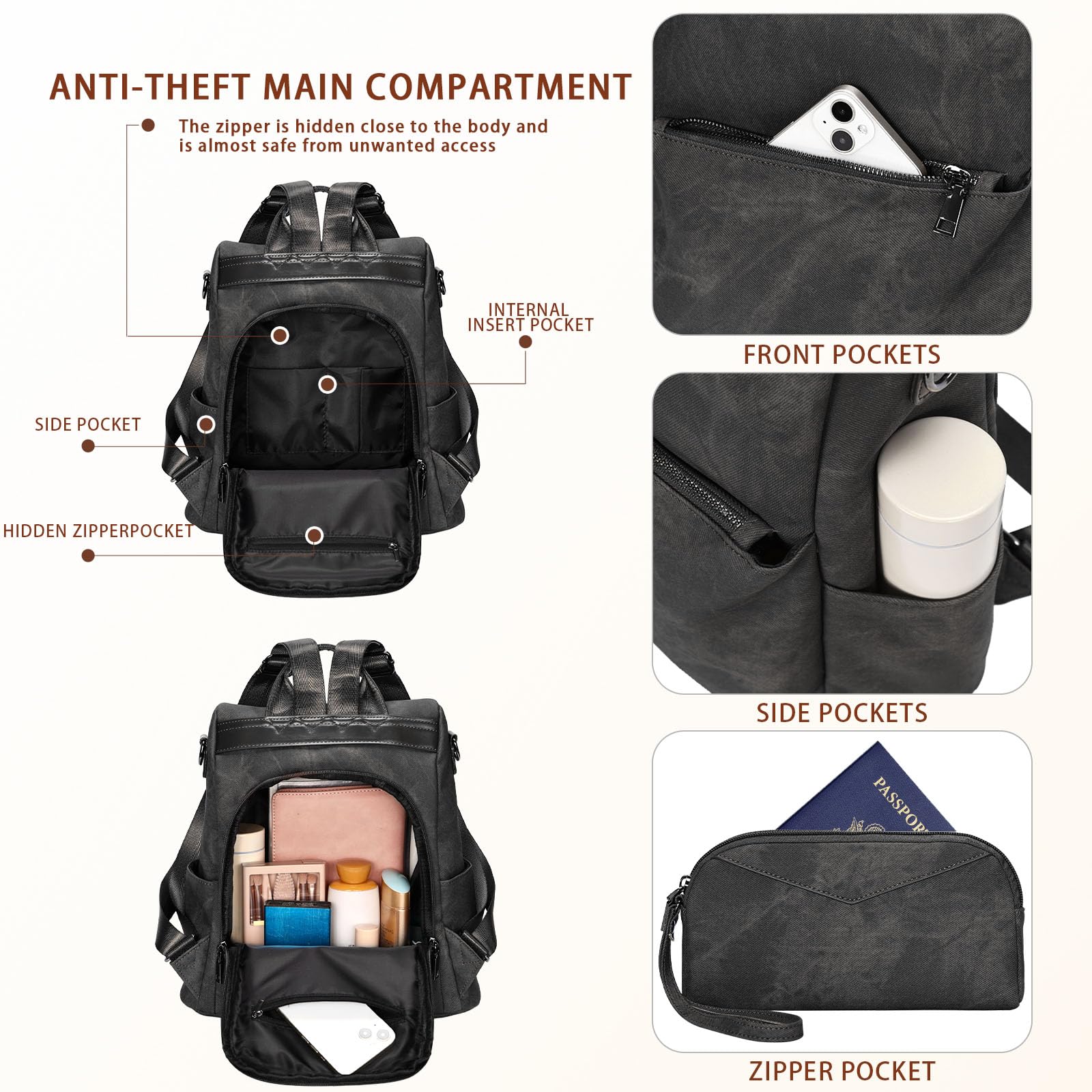 Leathario Zaino Da Donna Antifurto e a Prova di Spruzzi, Zainetto Multifunzionale in Pelle Vegana, Borsa Casual ed Moda per Viaggio, Scuola, Lavoro, Shopping, Visite e Università Nero