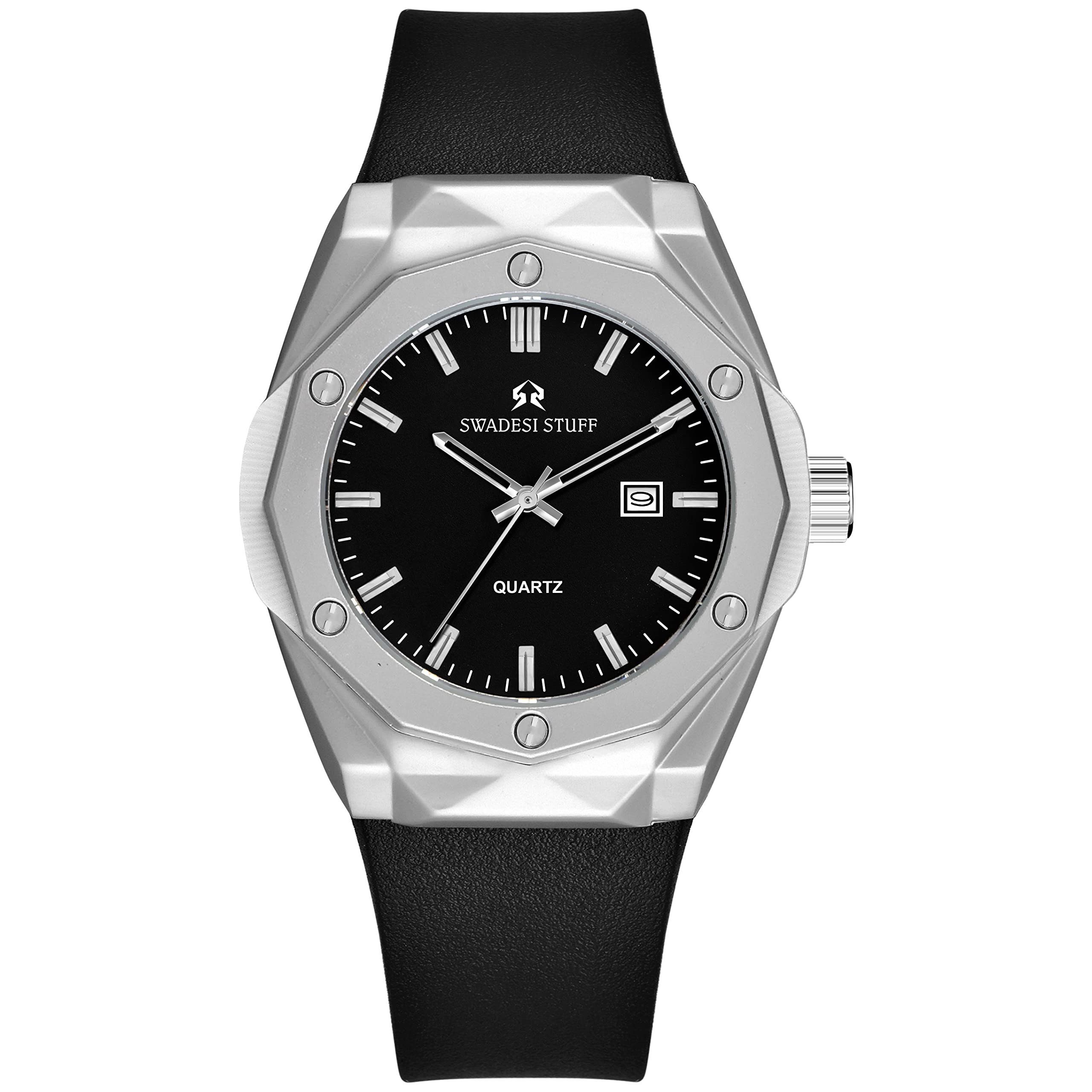 SWADESI STUFF Aegis Black Date Dial Premium Luxury Silicone Strap Analog Watch for Men (Black Silver) (B0C4HC8S54) Amazon Price History, Amazon Price Tracker