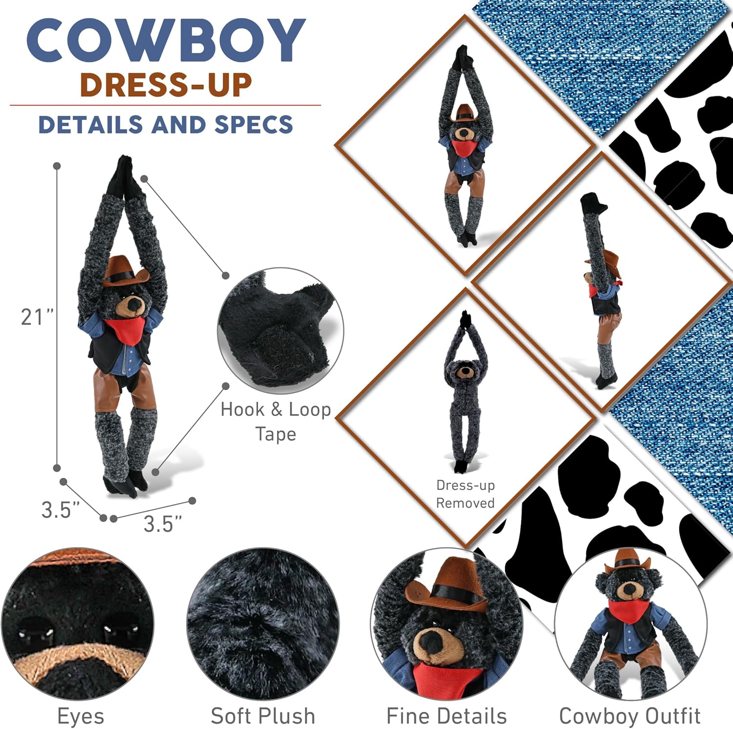 DolliBu Long Arms Black Bear Stuffed Animal Cowboy Plush with Name Personalization - Western-Themed Bear Plush with Cute Cowboy Costume Denim Shirt Vest, Bandana, Leather Pants, and Hat - 21 Inches