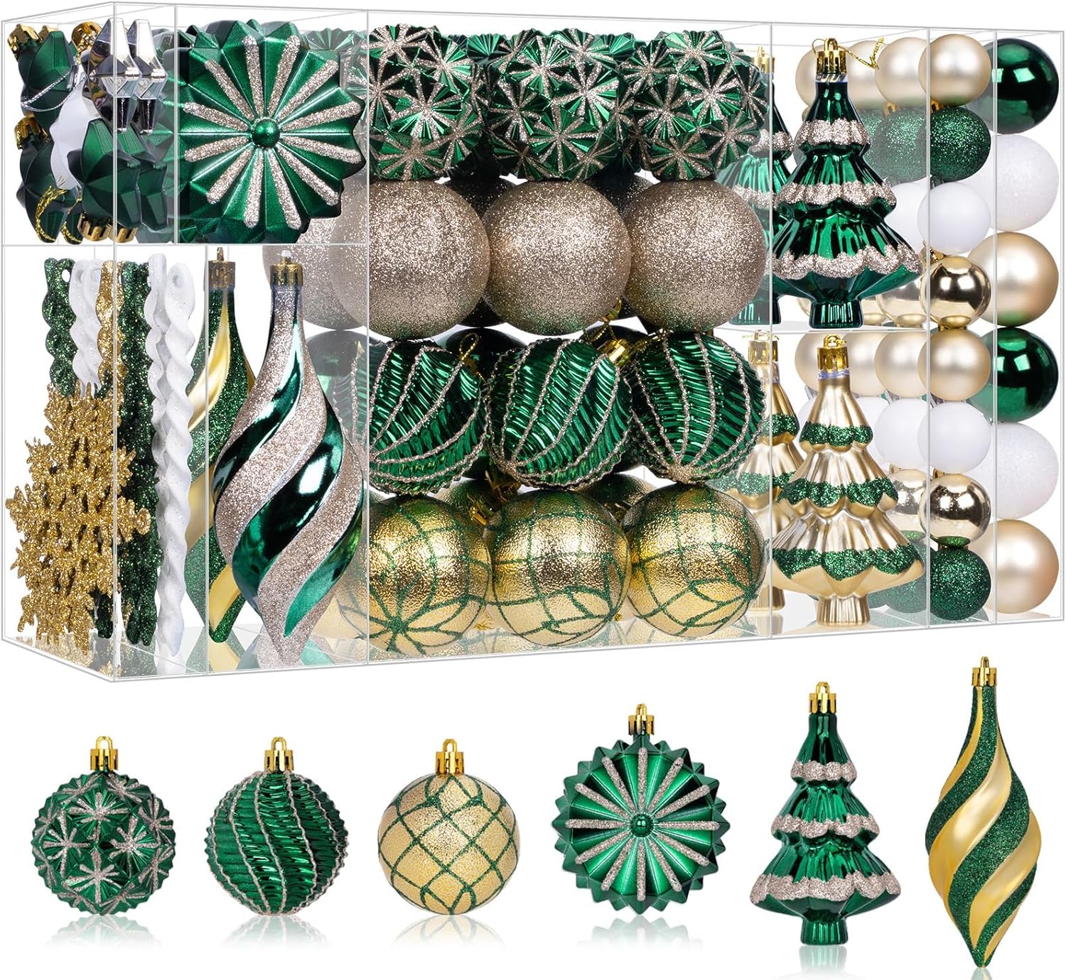 108 Pcs Christmas Ball Ornaments Set, Green and Gold Shatterproof Hand-Painted Hanging Bulbs Decoration for Xmas Tree, Wreath, Garland, Home Holiday Decor