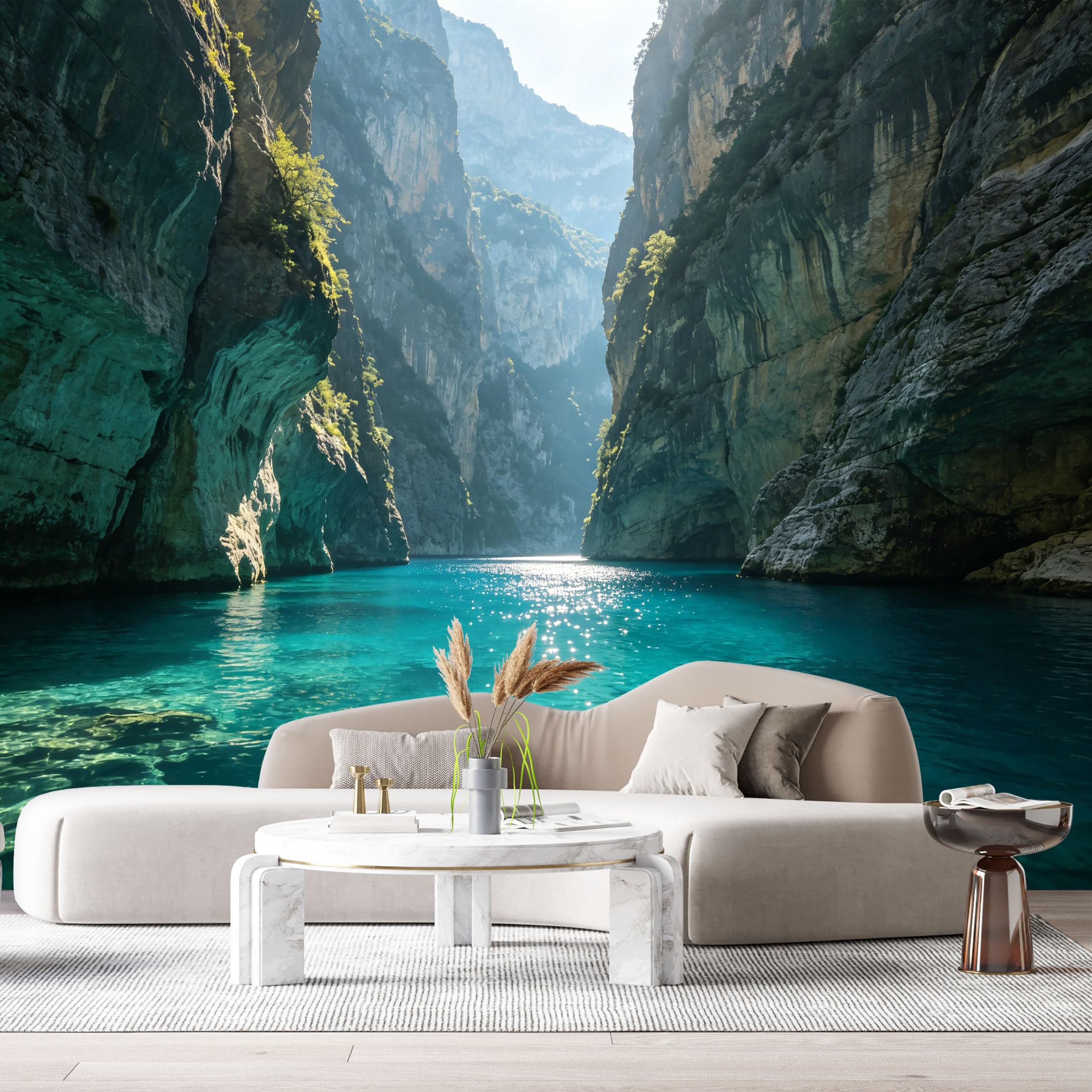 Custom Size Wall Murals Coastal Ocean Landscape Sunlit Canyon Turquoise Water Cliff Reflection SelfAdhesive Wall Fabric Removable Large Wallpaper for Photo Living Room