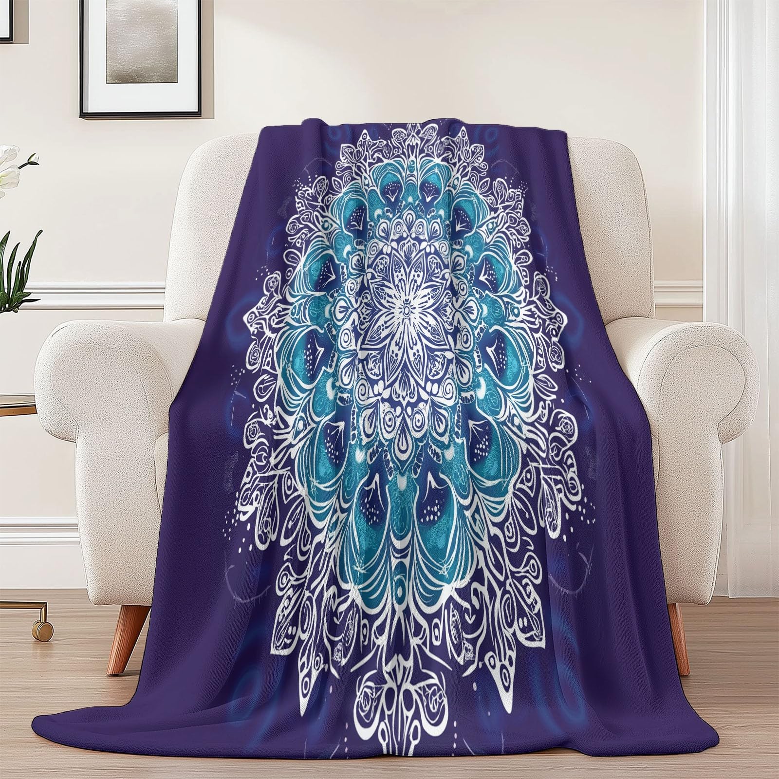 Decke Flanell 180 x 220 cm Geschenke für Frauen und Männer - Traditionelle Mandala-Blumen Witzige Geschenke für Freunde zu Weihnachten und Geburtstag, Lila