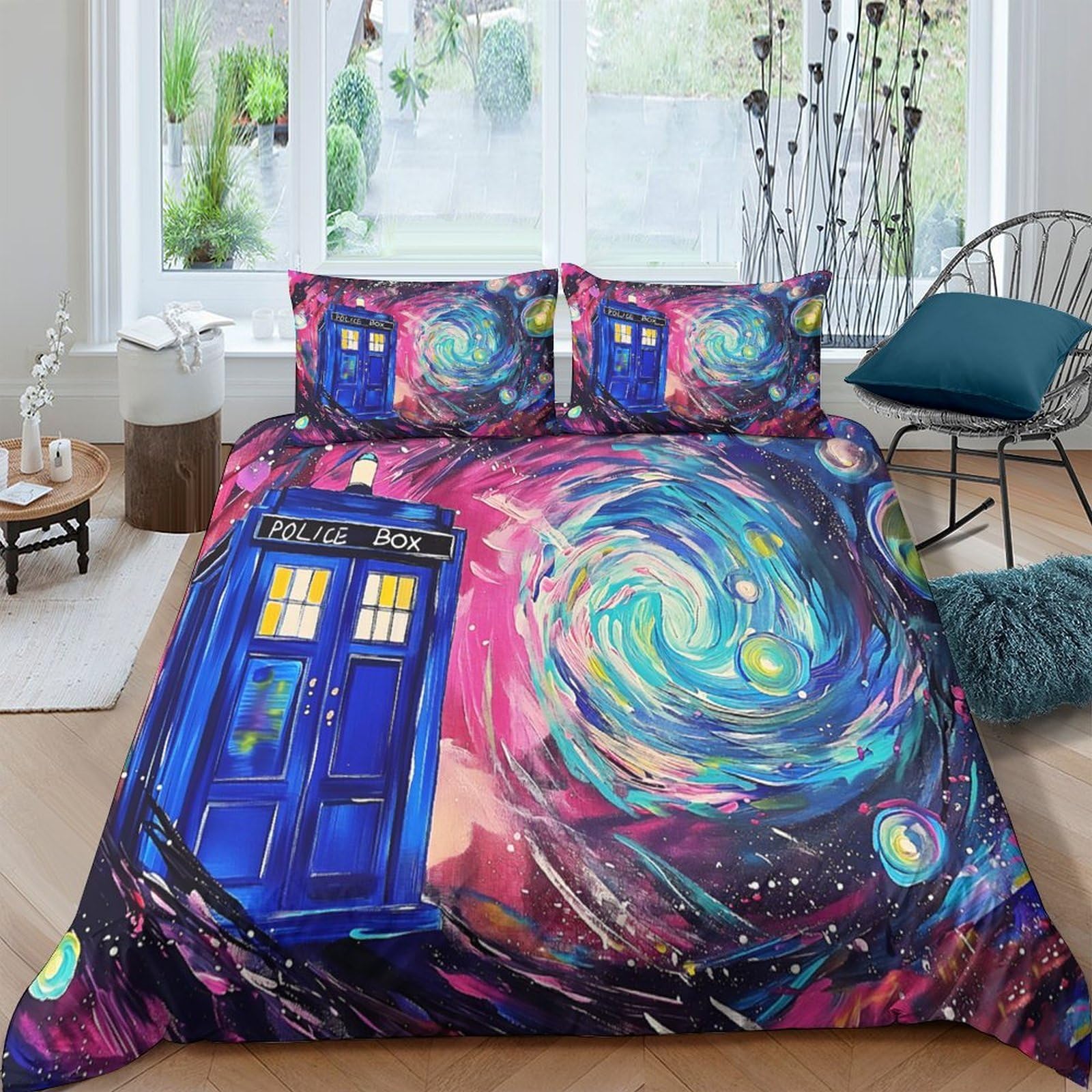 Ctjqhvkz Style-10 3D Printed Tardis Galaxy Fitted Sheet Microfiber Soft Art Nebula Bed Cover For Bedroom Dorm Mattress Protection Single（135X200cm）