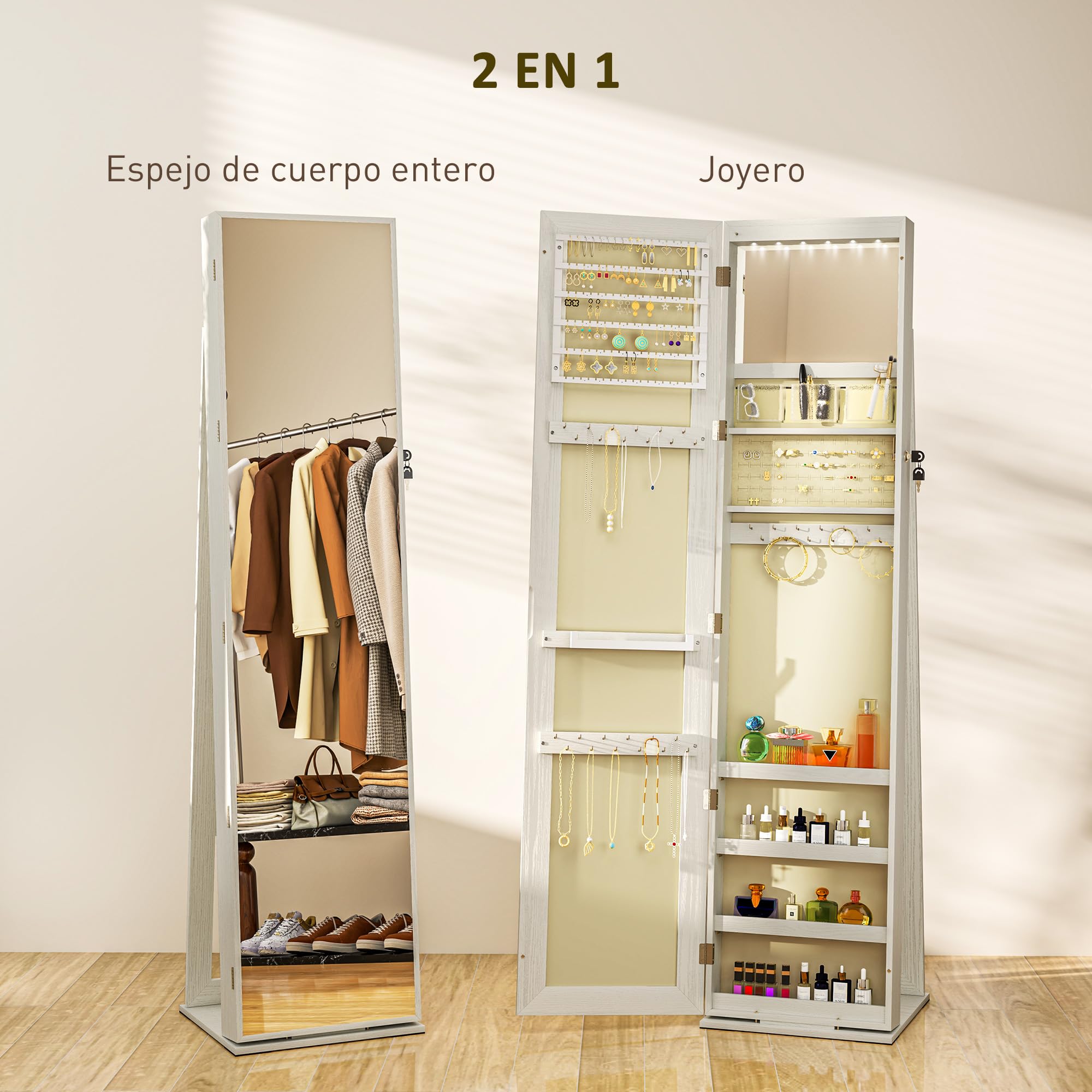 HOMCOM Espejo Joyero de Pie con Luces LED y Cerradura Armario de Joyas Blanco Veta Madera