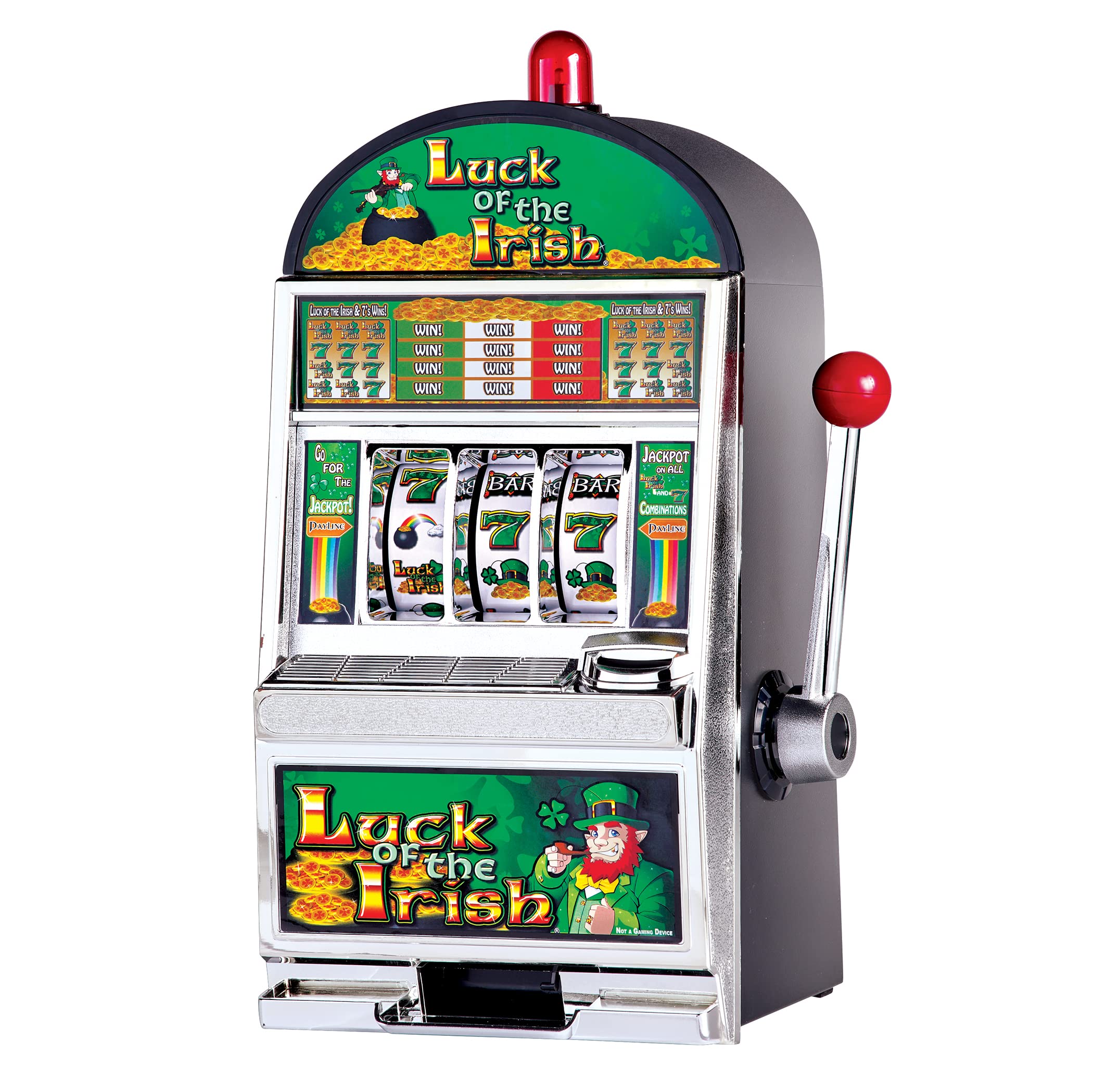 Luck of The Irish Slot Machine Bank - Slots with Chrome Bevel and Tray, Spinning Reels, and Flashing Light - Casino Games by Trademark Poker (Green)