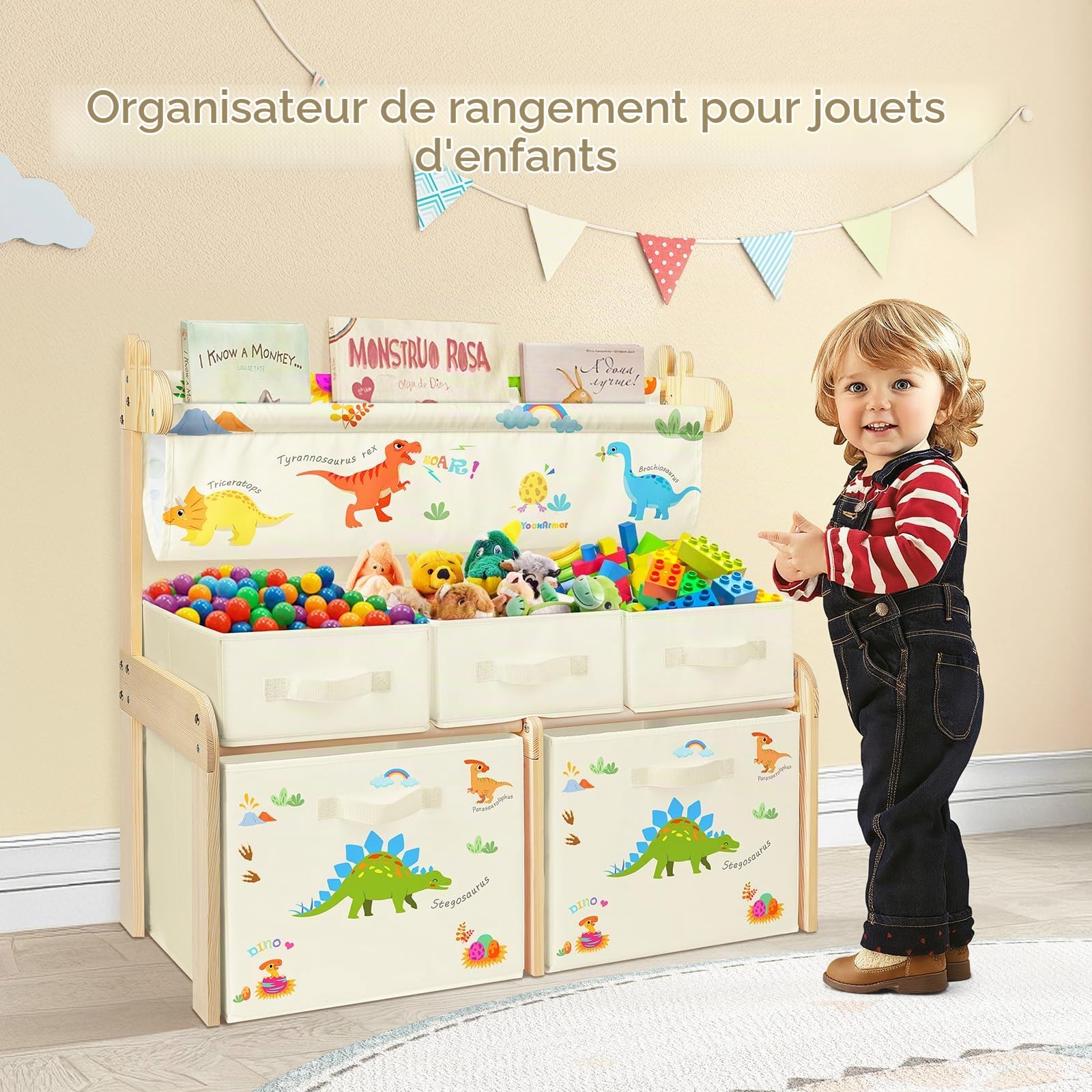 Bibliothèque Enfant avec 1 Porte-Livres en Tissu et 5 Bacs de Rangement, Meuble de Chambre 3 Étagères pour Jouets, Chambre Bébé, Salle de Jeu ou Classe, Dinosaure